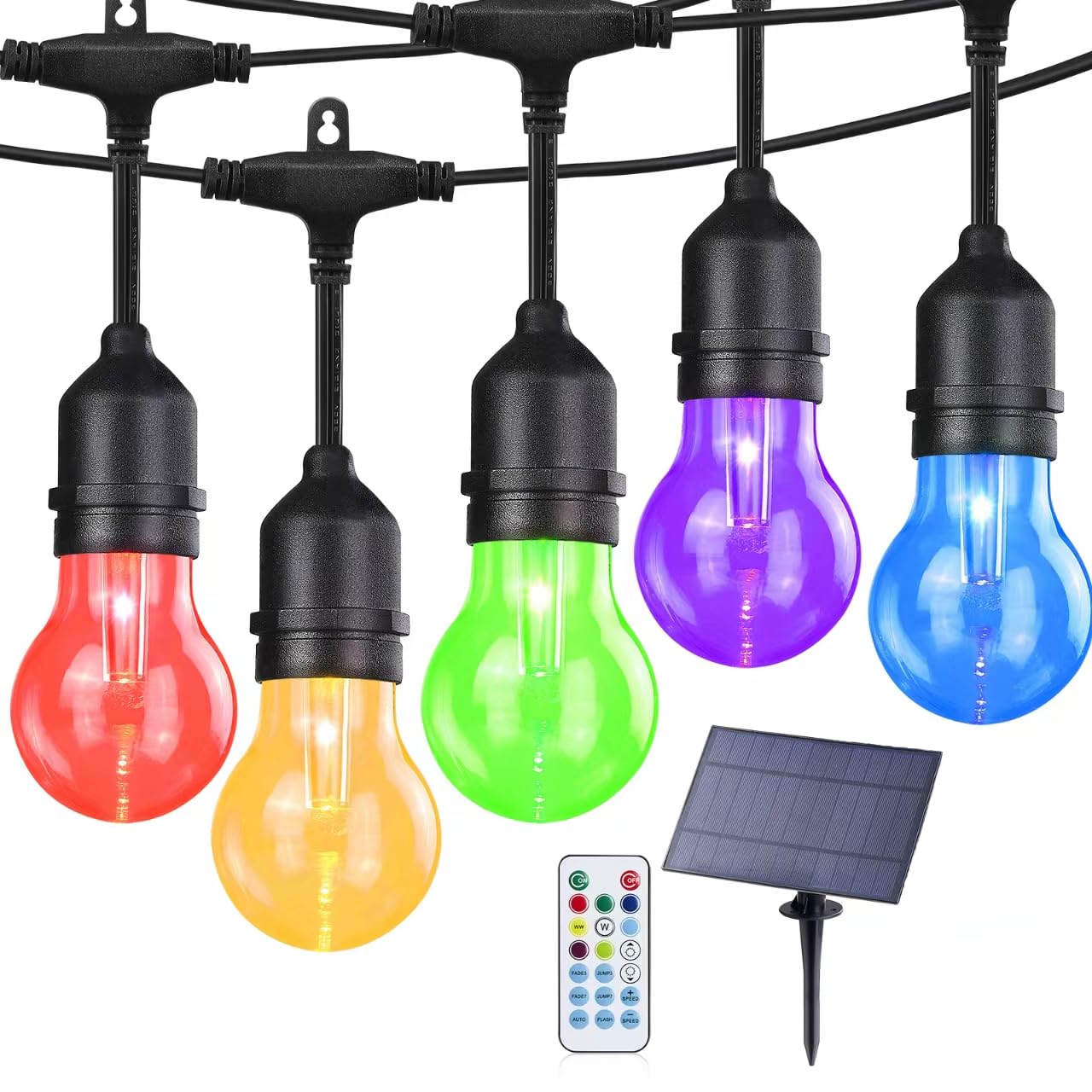 35FT Solar Powered RGB String Lights with Remote - Dimmable Shatterproof Edison Bulbs for Outdoor Patio, Garden, Yard, Party & Cafe Decor | Waterproof LED Fairy Lights for Wedding, Backyard, Christmas & Holiday Decorations