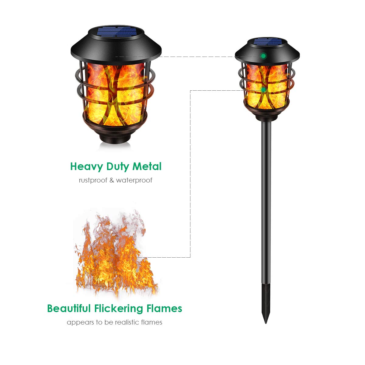 TomCare Solar Metal Flickering Flame Torches - Waterproof Outdoor Solar Pathway Lights with Auto On/Off, Dusk to Dawn Operation - Heavy Duty Landscape Lighting for Garden, Patio, Walkway (4 Pack) - Perfect for Backyard, Driveway, Poolside Decor