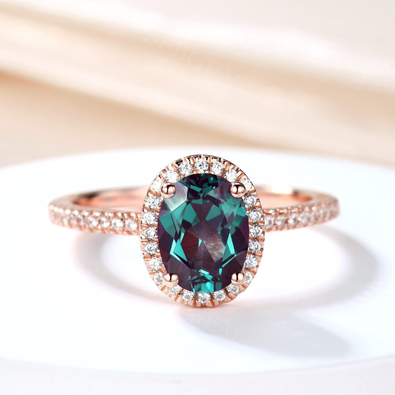 Vintage Rose Gold Alexandrite Engagement Ring 6x8mm Oval Cut Color Changing Stone with Half Eternity Diamonds - Perfect for Wedding, Proposal & Anniversary Gifts