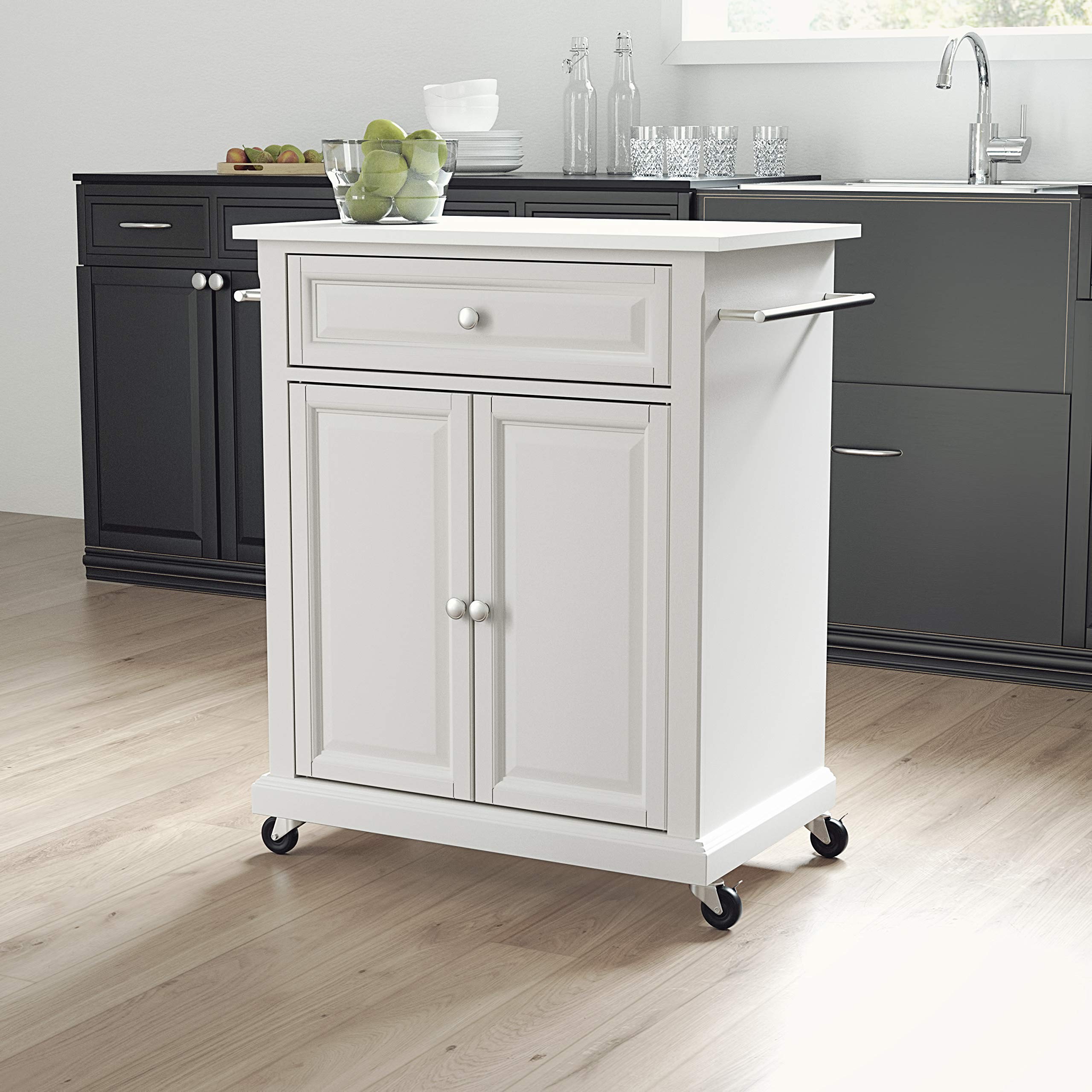 Crosley White Compact Rolling Cart with Stone Top & Shelves - Microwave Stand, Towel Rack, Small Kitchen Island for Apartments, Dorms & Office Spaces