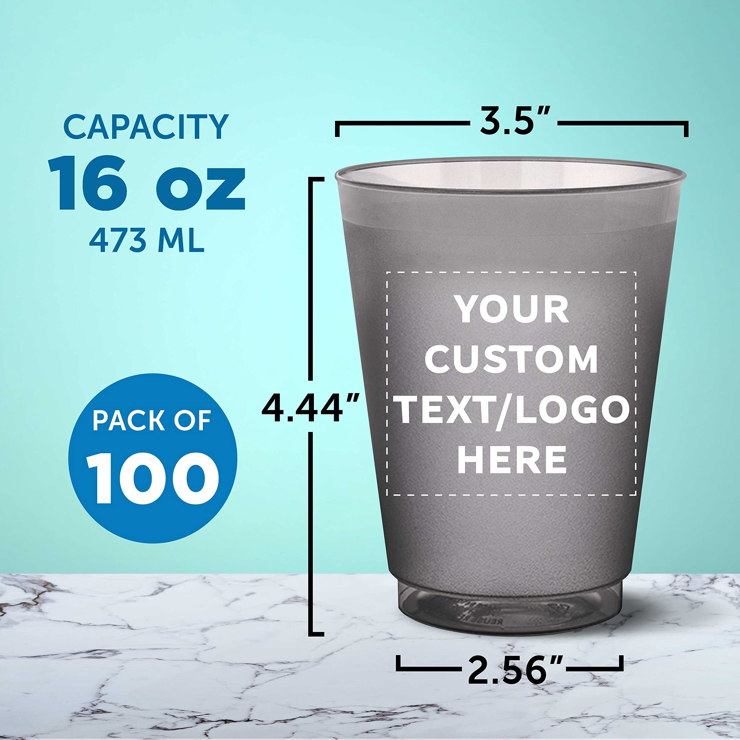 Custom Frosted Plastic Stadium Cups - 100 Pack with Promotional Text & Logo - 16 oz Shatterproof, Flexible, Reusable Party Cups - Perfect for Tailgates, BBQs, and Outdoor Events - Smoke Color