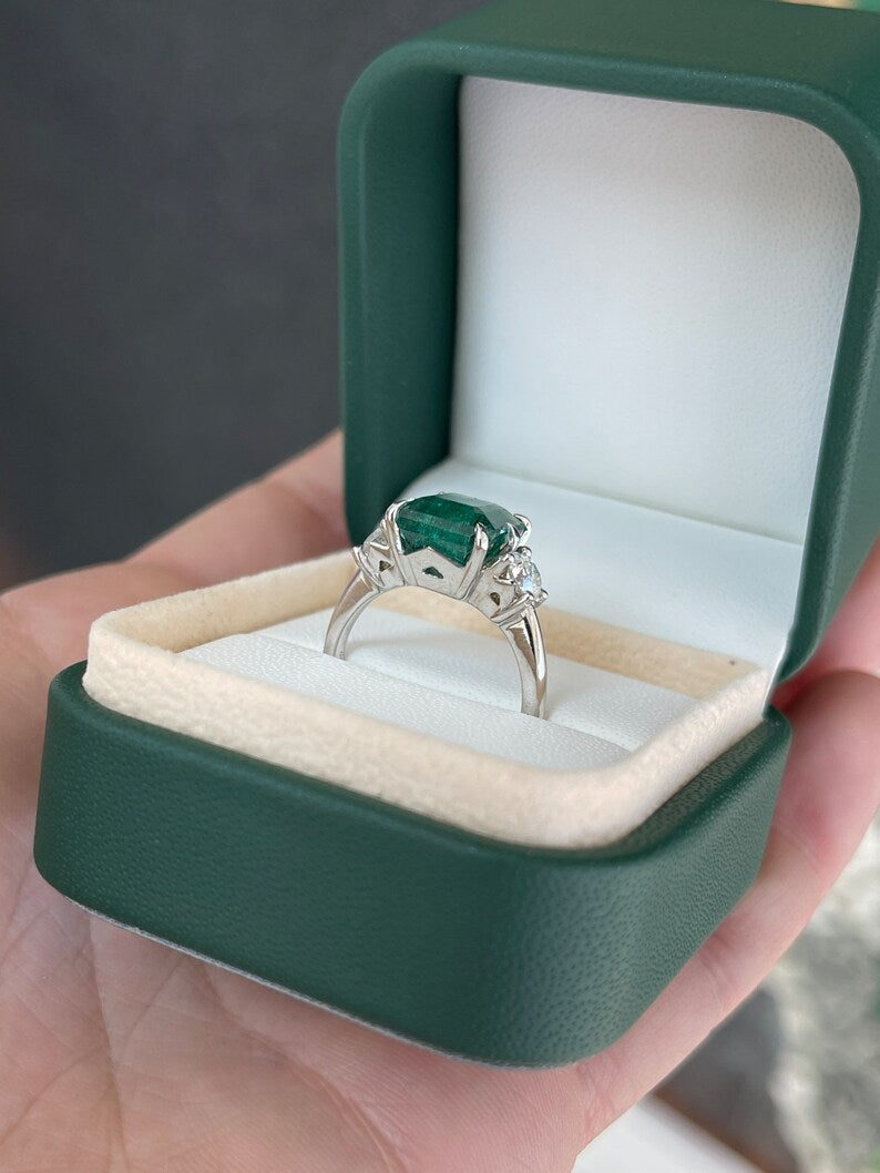 4.90tcw 14K Gold Intense Dark Green Asscher Cut Emerald & Round Diamond Three-Stone Engagement Ring for Women - Perfect for Proposals, Anniversaries & Special Occasions