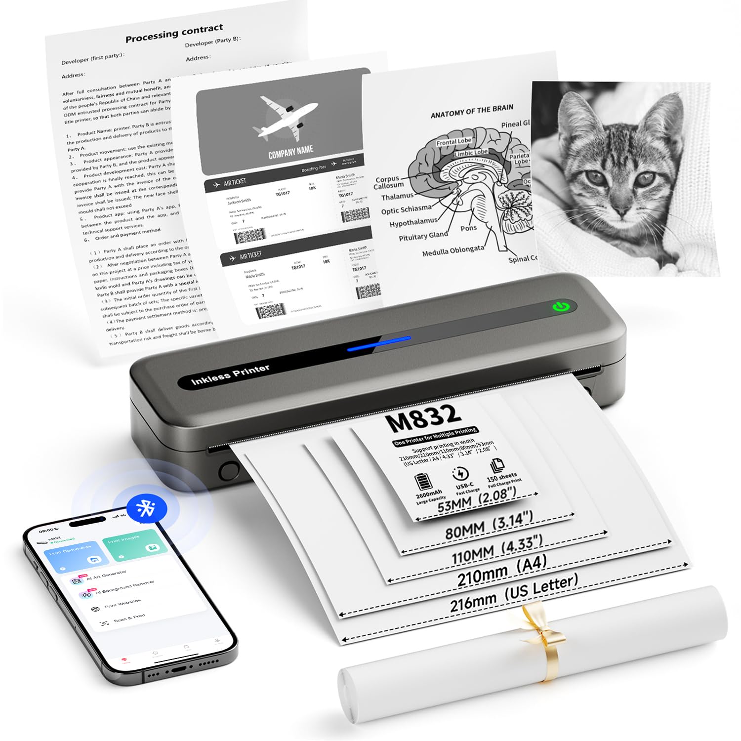 Itari M832 Thermal Printer - 304 DPI Portable Bluetooth Printer for iPhone & Android | Wireless Inkless Label Printer with Multi-Size Printing (Grey) | Perfect for Shipping Labels, Barcodes & Receipts