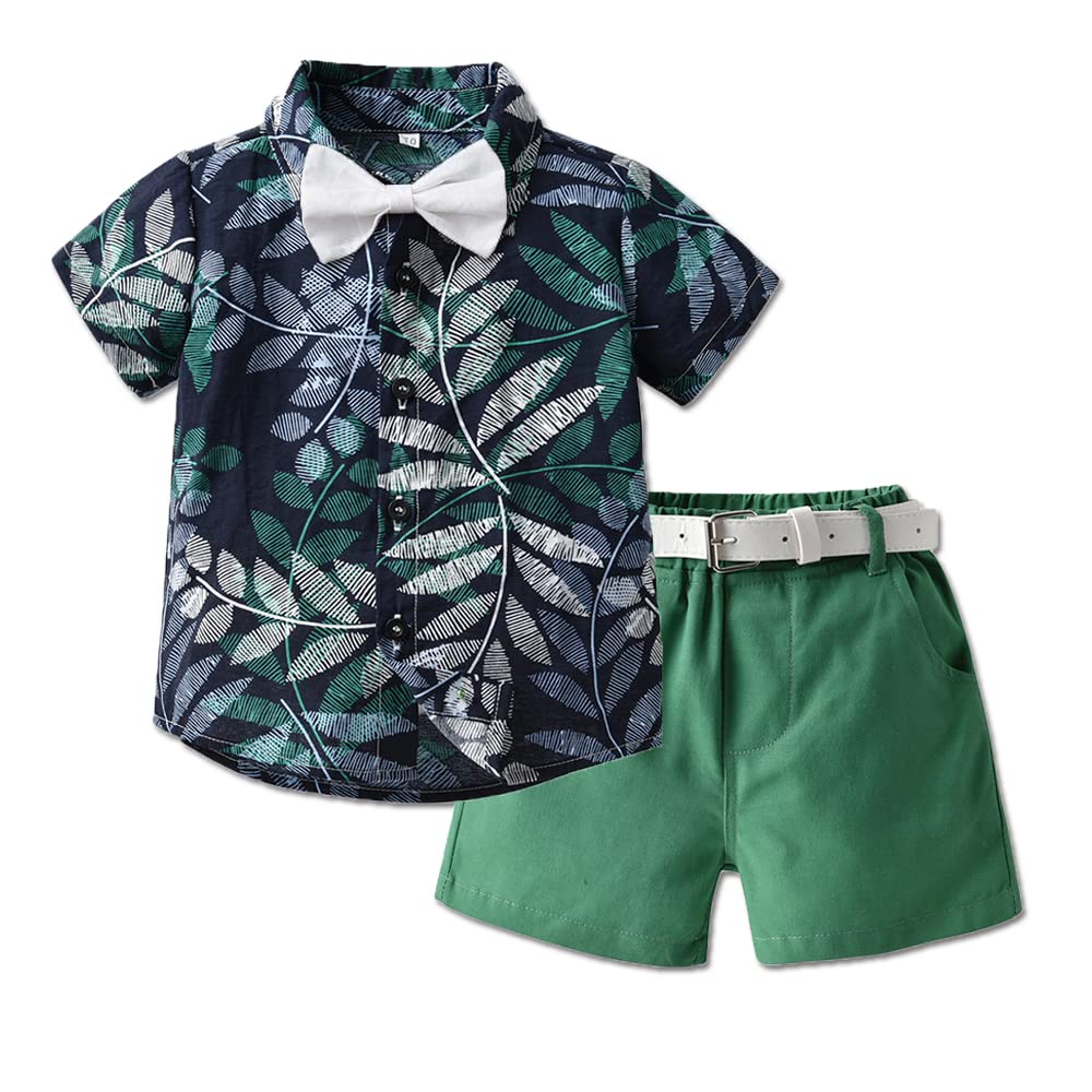 HIMEAN Boys Hawaiian Shorts Set - Summer Shirt & Shorts with Belt for Toddlers