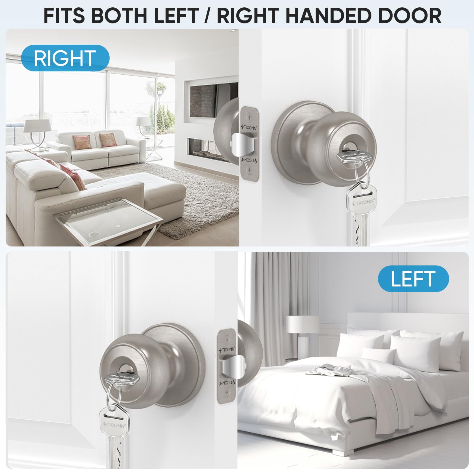 TICONN Round Door Knob with Deadbolt - Satin Nickel (1-Pack) for Bedroom & Bathroom Security