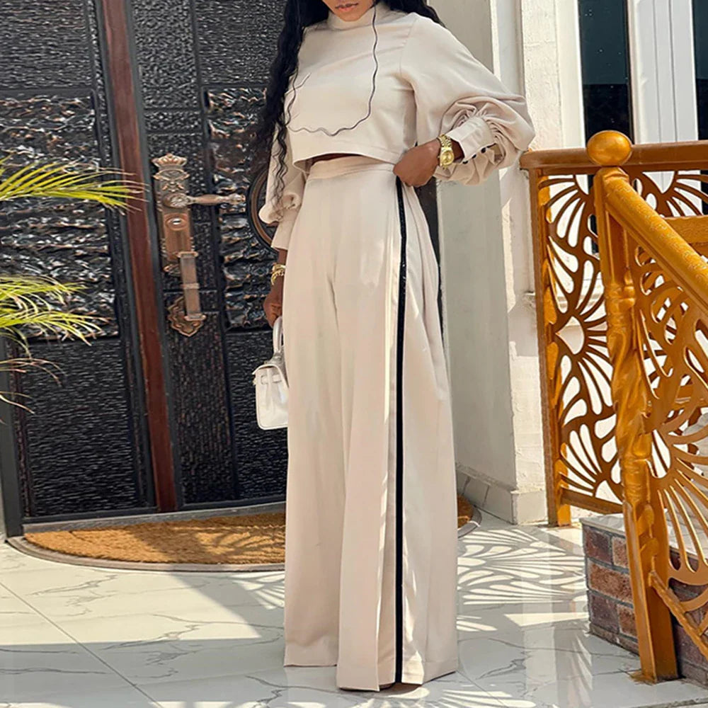 Women's Plus Size Loose Elegant Half High Neck Long Sleeve Top & Wide Leg Pants Casual Two Piece Set - Perfect for Autumn Outfits, Office Wear & Weekend Brunch