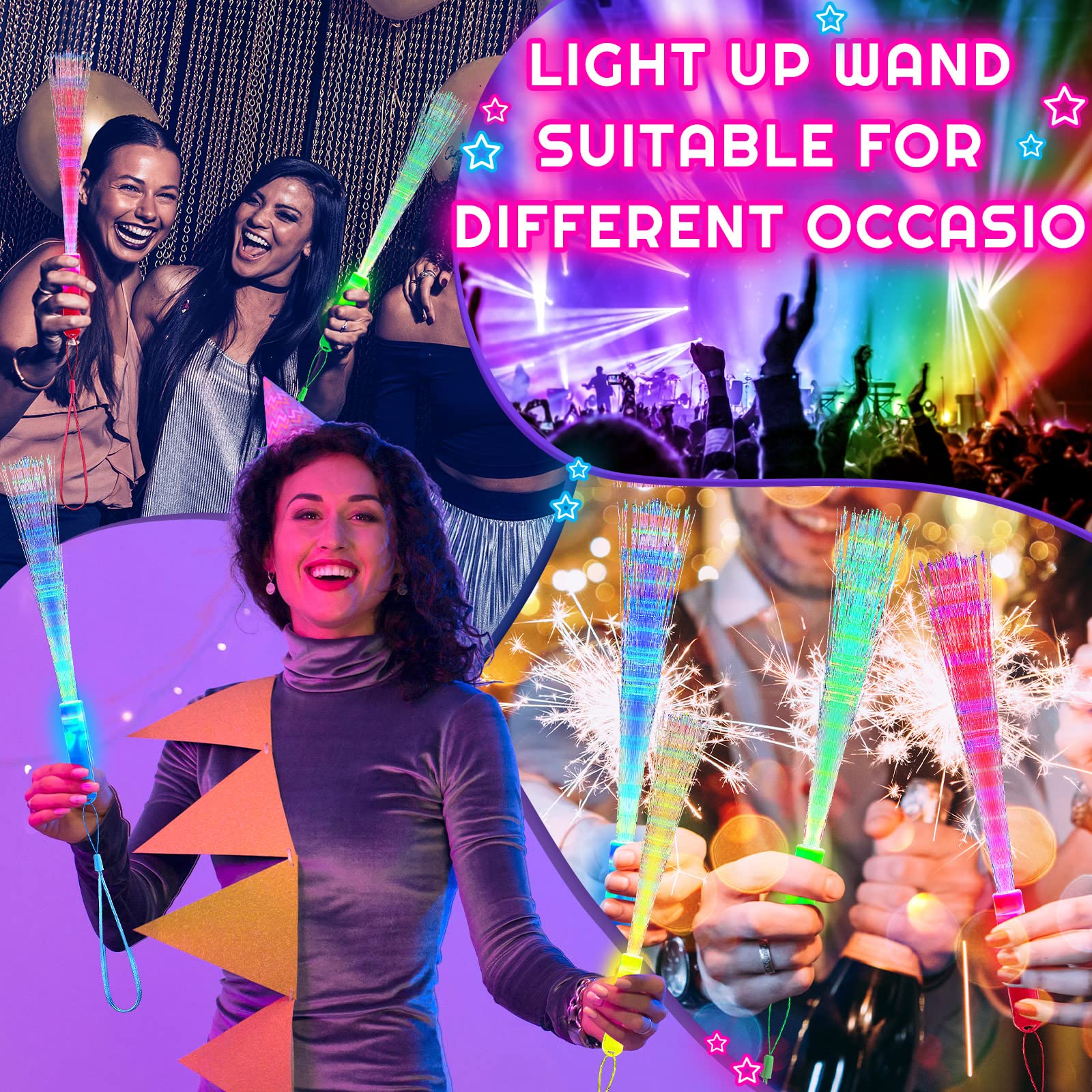 Lewtemi 300 Pcs Glow Fiber Optic Wand LED Flashing Sticks - Colorful Battery Operated Light Up Party Favors for Raves, Concerts, Nightclubs & Birthday Celebrations