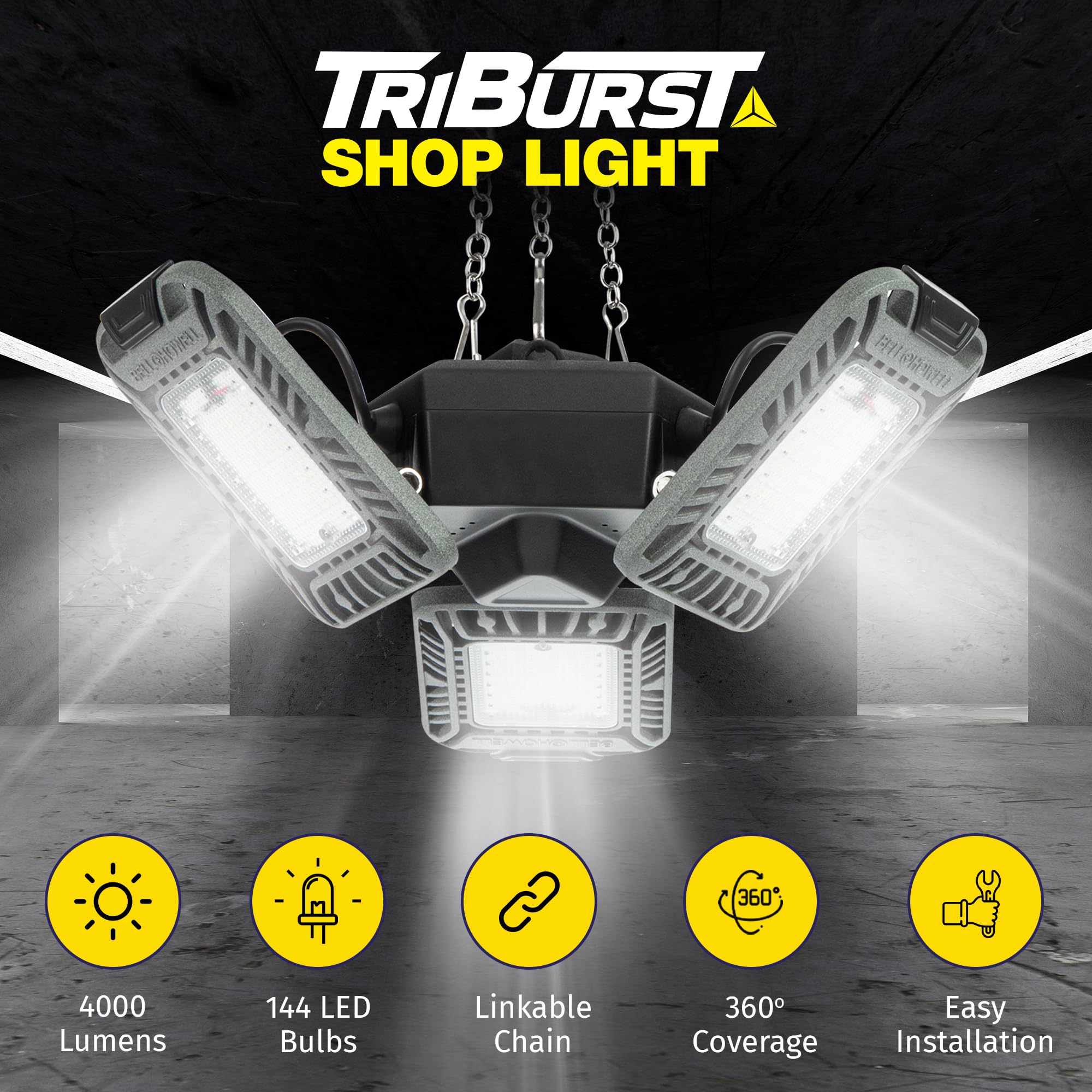 Triburst LED Shop Lights for Workshop - 4000 Lumens Super Bright Garage Lighting, Linkable LED Ceiling Light with 3 Panels, Plug-in Easy Installation - Perfect for Garage, Basement, Warehouse & Workshop Lighting