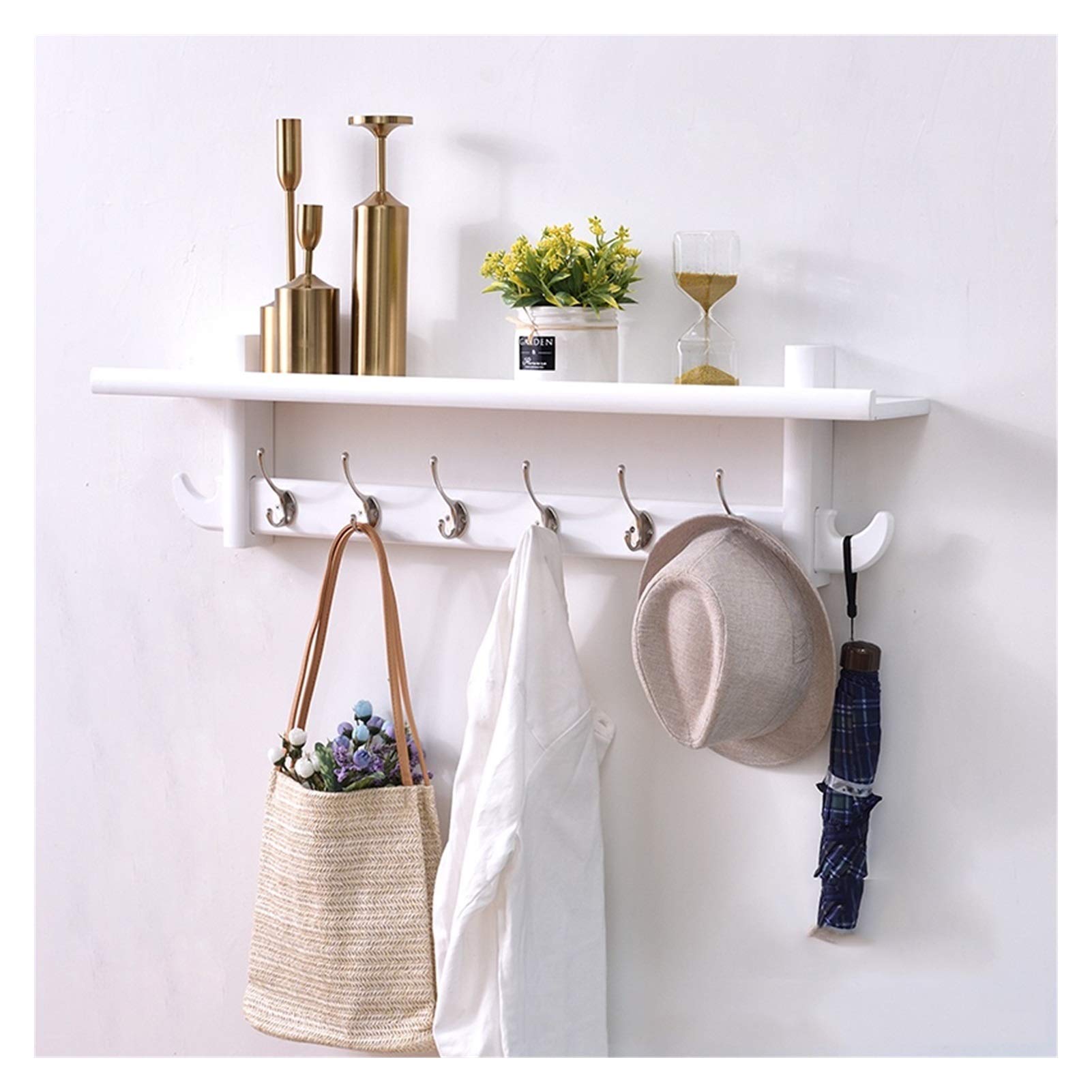 Modern White Wood Wall Mounted Coat Rack with 6 Metal Hooks - Multi-Functional Entryway Storage Shelf for Hats, Bags & Coats - Perfect for Bedroom, Bathroom, Kitchen & Closet Organization (White, 6 Hooks)
