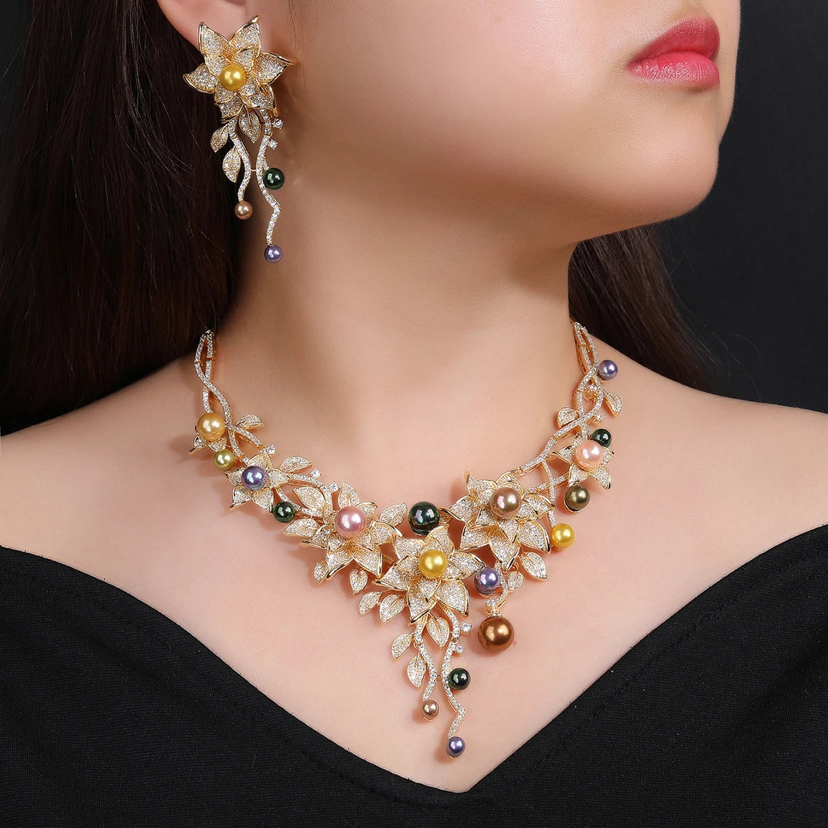 Luxury Cubic Zirconia Pearl Statement Necklace & Earrings Set - Elegant Jewelry for Women, Party & Evening Wear - Perfect for Weddings, Prom & Special Occasions