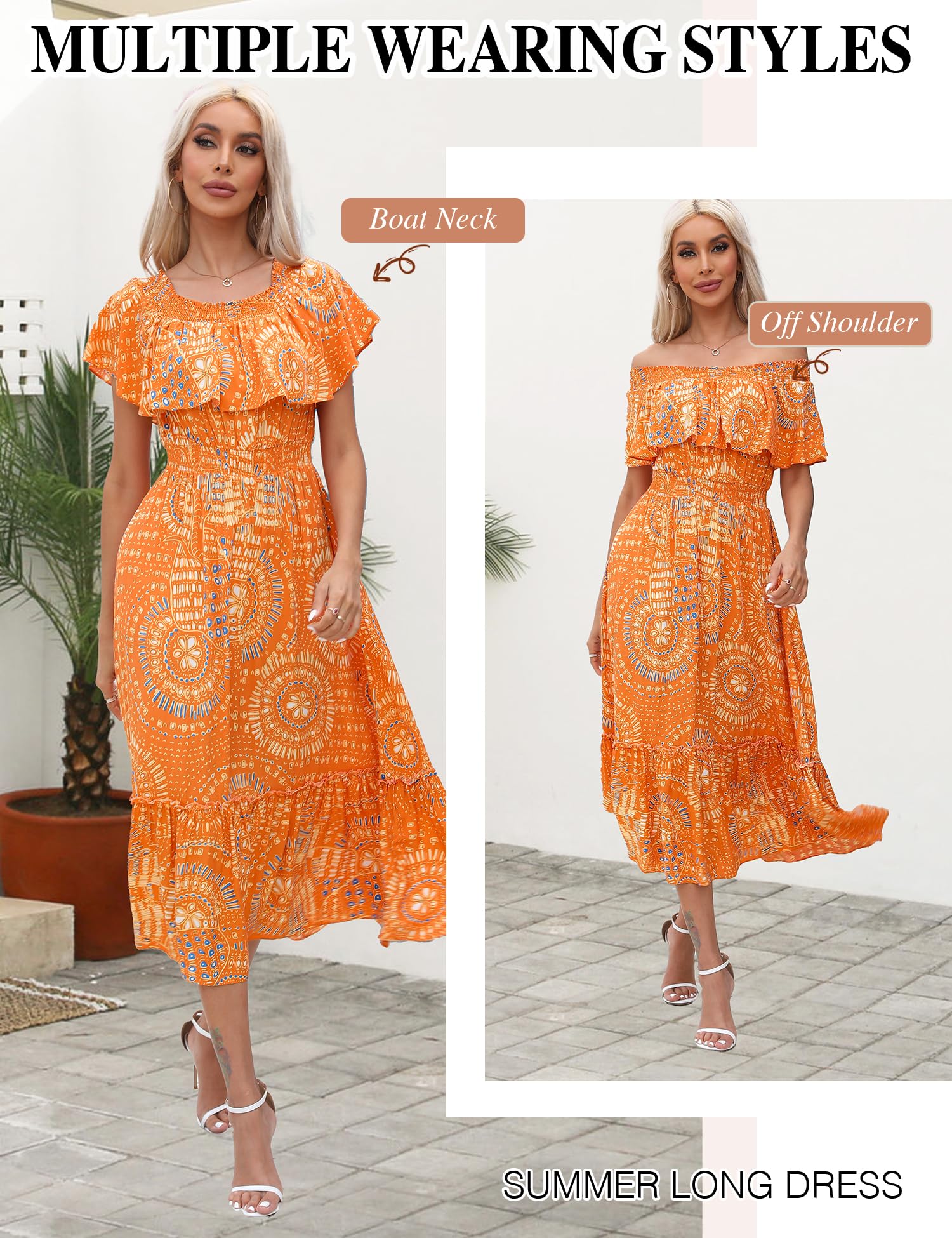 Prettywear Women's 2025 Spring Summer Boho Off Shoulder Floral Midi Dress - Short Sleeve A-Line Casual Beach Dress for Vacation, Party, Date Night & Summer Outings