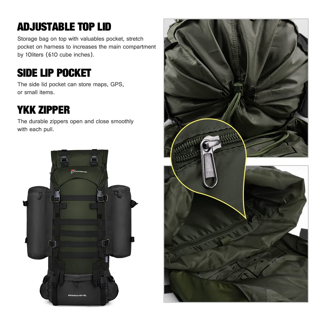 Mardingtop 65+10L Military Tactical Backpack with Rain Cover - Waterproof Hiking Backpack for Trekking, Camping & Outdoor Travel | Perfect for Adventure, Survival Gear & Daily Commute