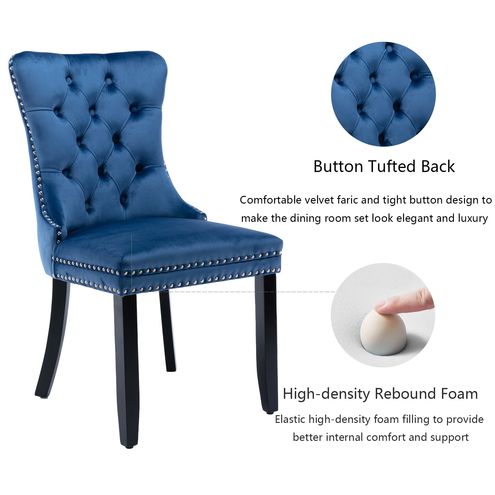 Luxury Velvet Dining Chairs Set of 4 - Upholstered Tufted Wingback Kitchen Chairs with Solid Wood Legs & Gold Ring Pull Trim - Elegant Blue Accent Chairs for Dining Room, Living Room, Kitchen | Perfect for Formal Dinners, Family Gatherings & Home Decor