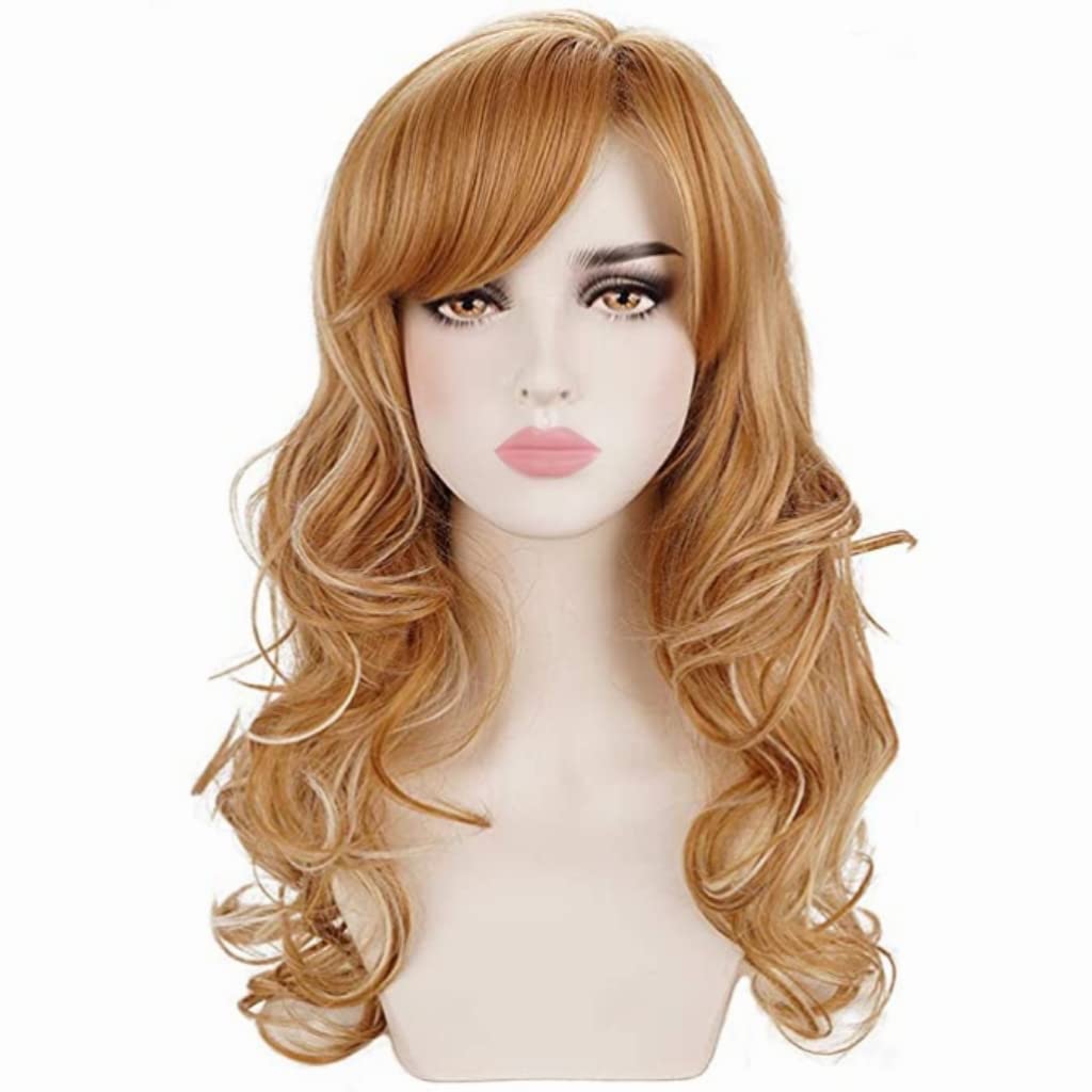 Long Curly Wavy Strawberry Blonde Highlights Natural Synthetic Hair Wigs with Bangs for Women - Perfect for Daily Wear, Cosplay, Halloween Parties & Costume Events