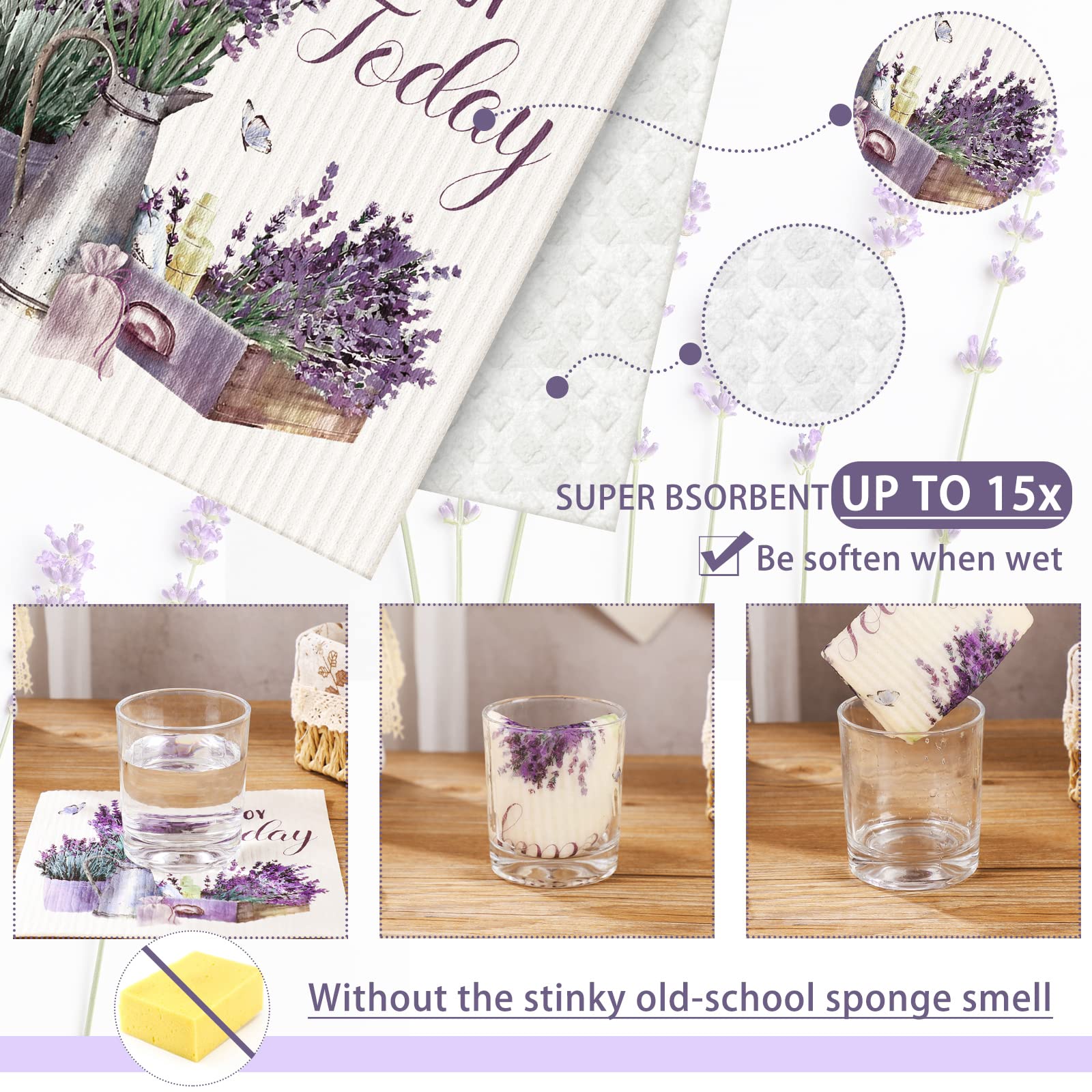 6 Pack Swedish Dish Cloths - Reusable, Absorbent & Quick-Drying Kitchen Towels | Washable Sponge Cleaning Cloths for Dishes, Countertops & More | Decorative Tea Towels & Hand Towels (Lavender) - Perfect for Kitchen Cleaning, Dish Drying & Home Decor