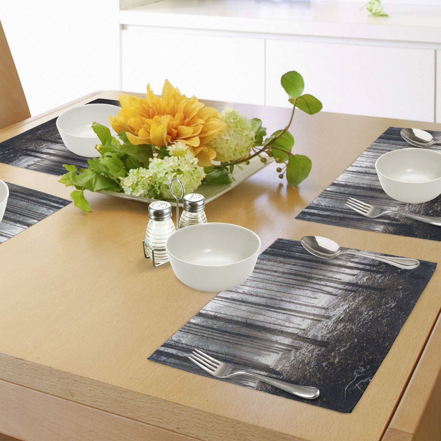 Ambesonne Winter Place Mats Set of 4 - Dark Spooky Misty Forest with Fog and Mystic Birches Print - Washable Fabric Placemats for Dining Room & Kitchen Table Decor - Brown & White - Perfect for Holiday Dinners, Cozy Gatherings, and Seasonal Home Decor