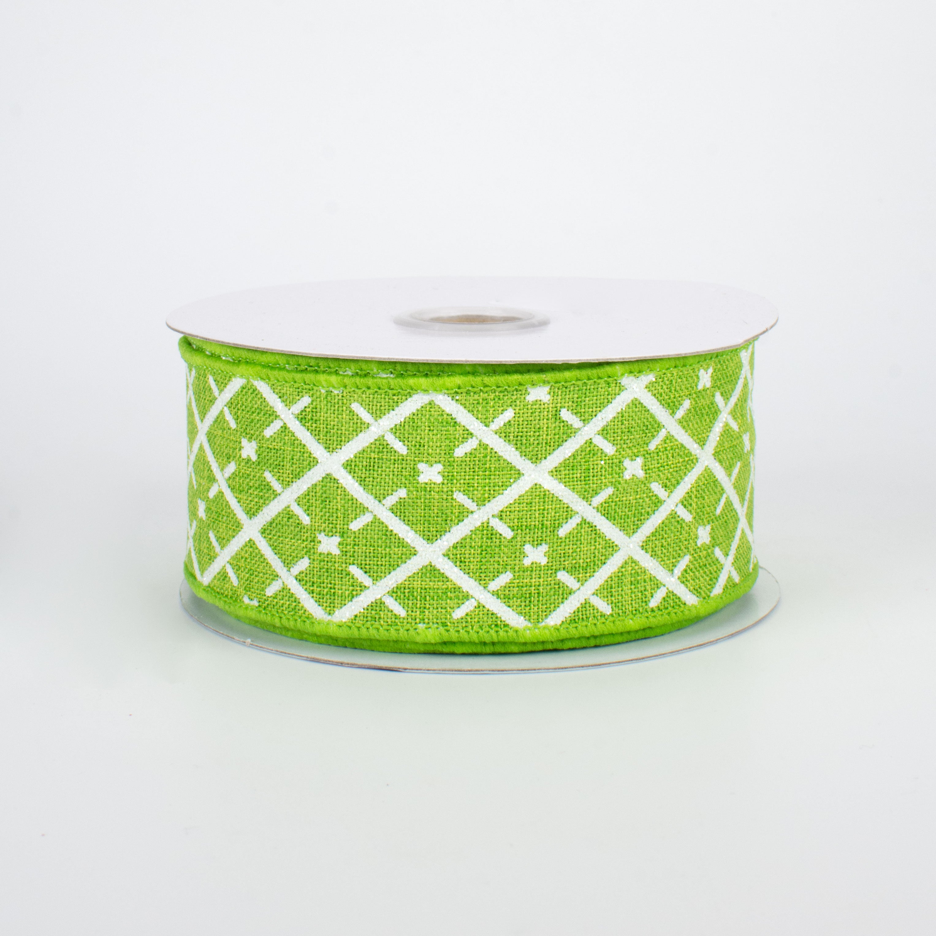 1.5 Inch Glittered Argyle Ribbon - Fresh Green & White Pattern, 10 Yards Bulk Spool for Gift Wrapping, Christmas Decorations, DIY Crafts & Party Supplies