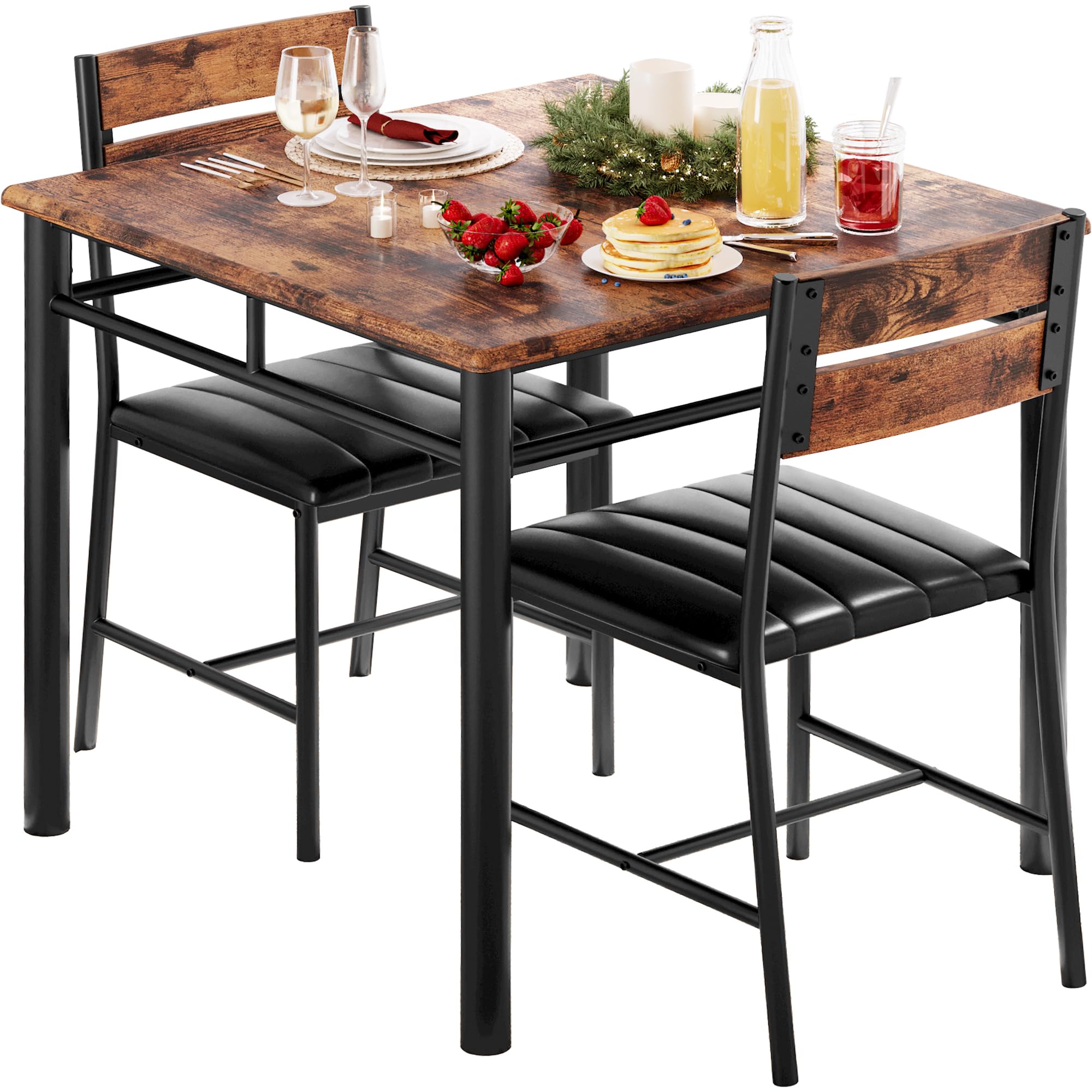 IRONCK 2-Person Dining Table Set with Upholstered Chairs - Compact Kitchen Table for Small Spaces in Rustic Brown | Perfect for Apartments, Breakfast Nooks & Cozy Dining Areas