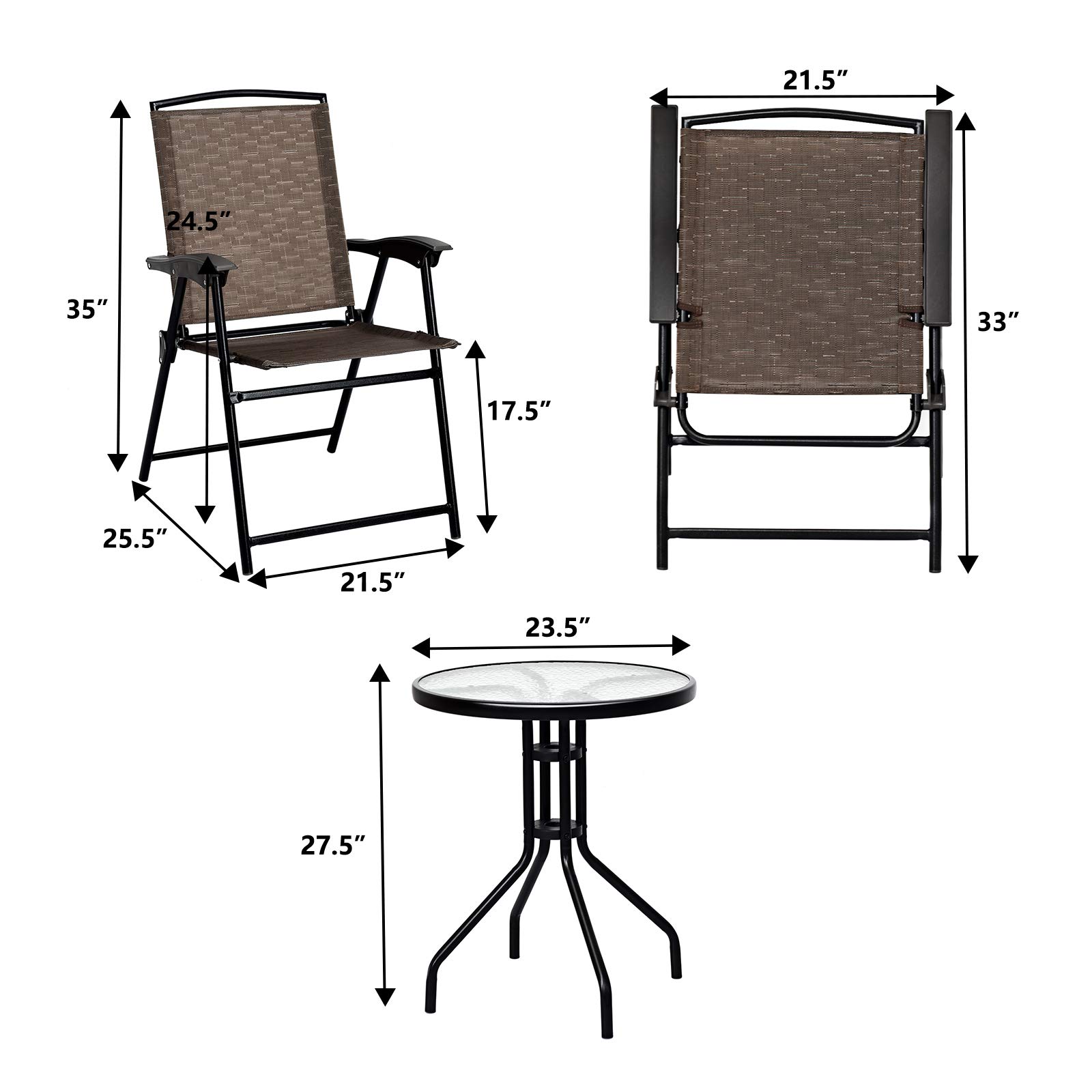 SAFSTAR 3-Piece Outdoor Bistro Set - Round Patio Dining Table with 2 Folding Chairs for Poolside, Balcony, Garden & Yard - 27.5