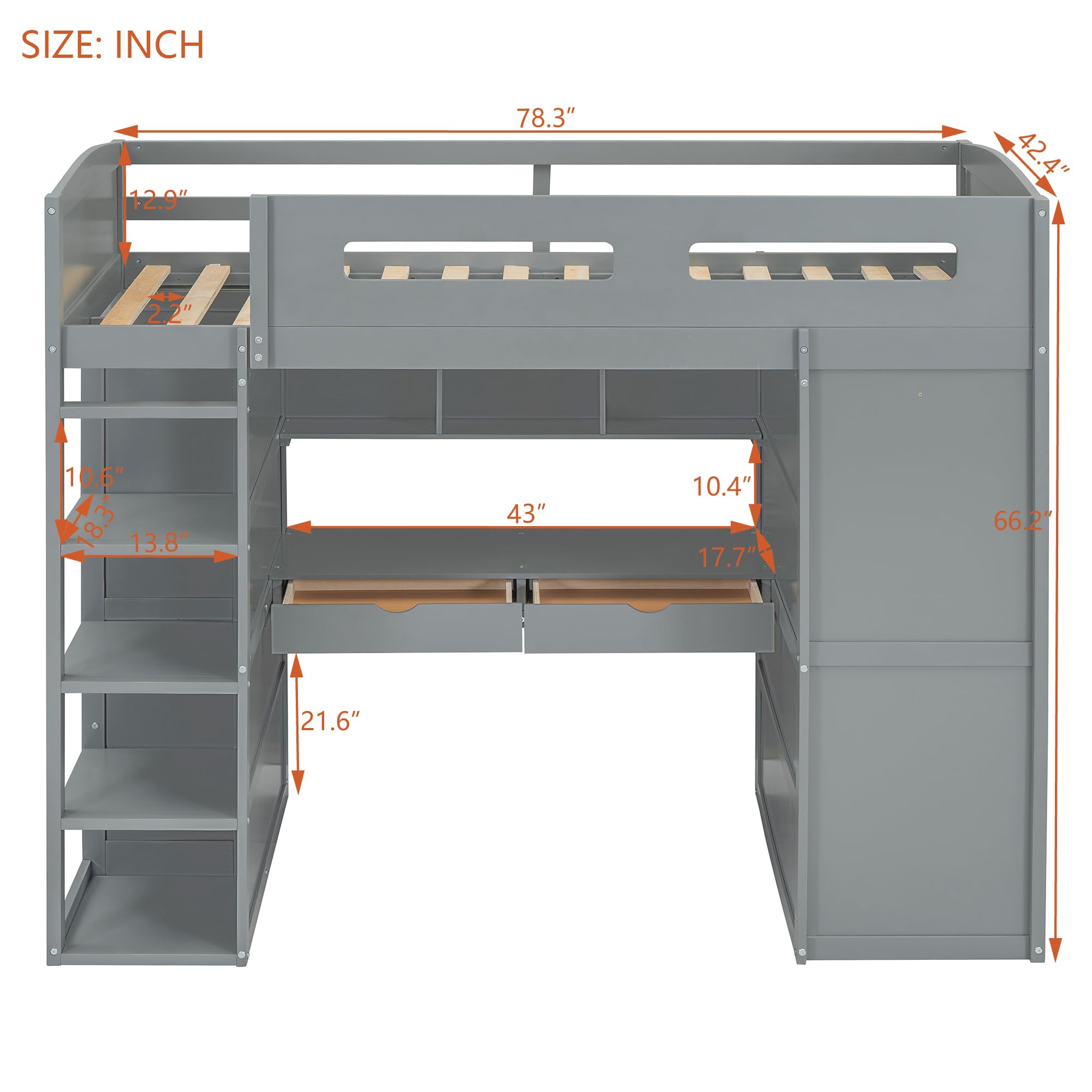 Twin Loft Bed with Desk & Wardrobe - Wooden Kids Bed with Storage for Small Spaces