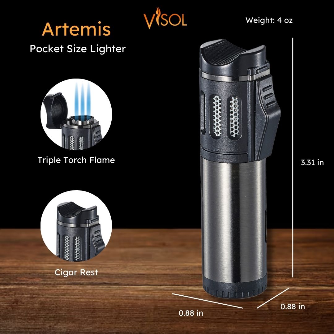 Premium Artemis Triple Torch Cigar Lighter in Gunmetal Finish - Windproof Butane Lighter for Cigars, Cigarettes & Outdoor Use - Perfect for Smoking Enthusiasts & Gifts