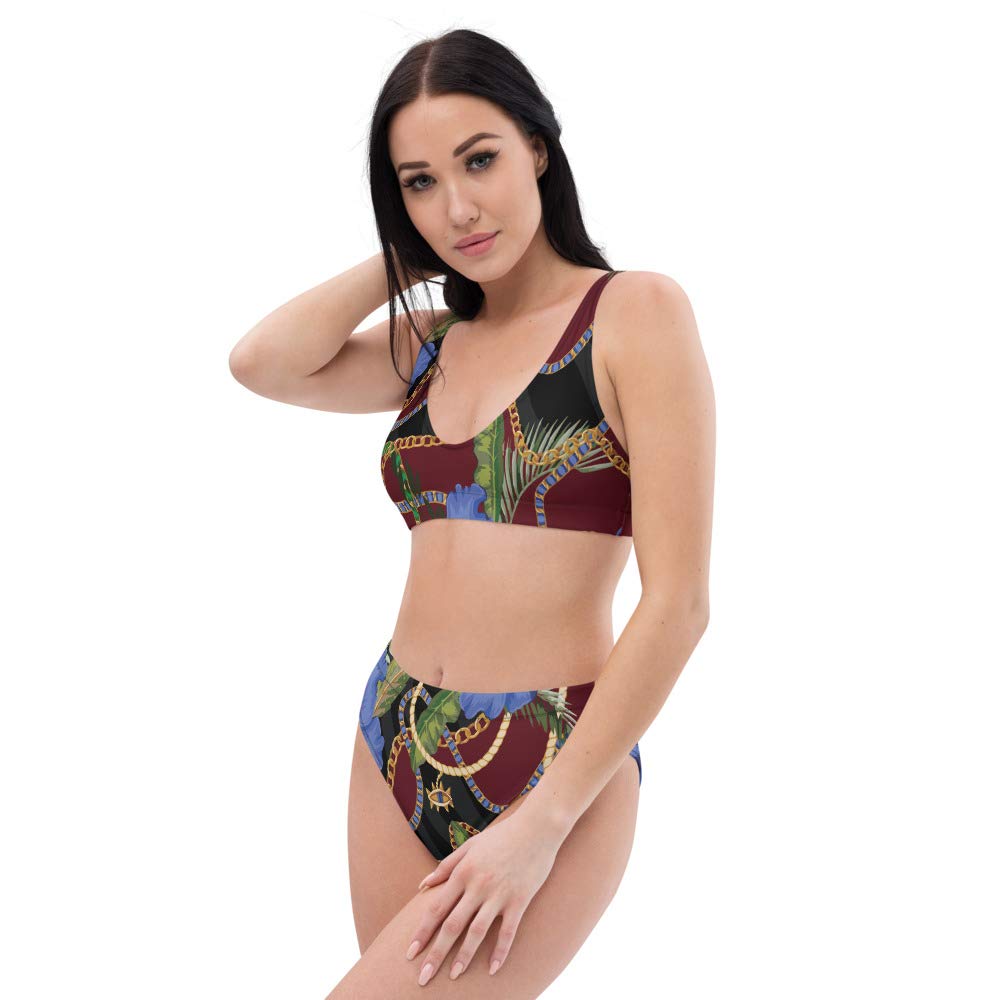 Eco-Friendly High Waisted Bikini Set for Women - Floral & Striped Swimwear in Blue, Maroon & Black | Perfect for Beach Vacations, Pool Parties & Summer Getaways