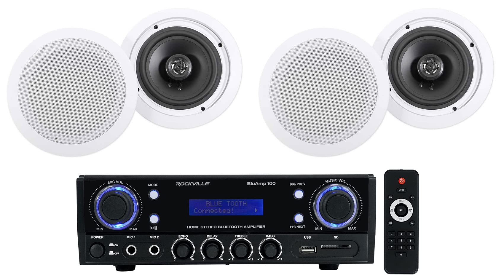 Rockville BLUAMP 100 Bluetooth Home Stereo Receiver Amplifier with 4 Rockville HC655 6.5