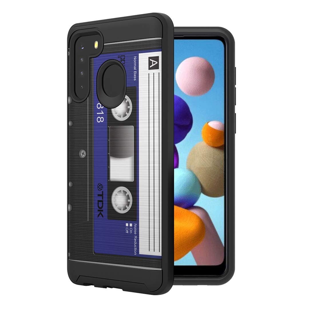 Moriko Shockproof Hybrid Case for Samsung Galaxy A21 SM-A215U - Slim Protective Phone Cover with Cute Brushed Texture in Blue Cassette Tape Design | Perfect for Men & Women | Ideal for Everyday Use, Work & Travel Protection