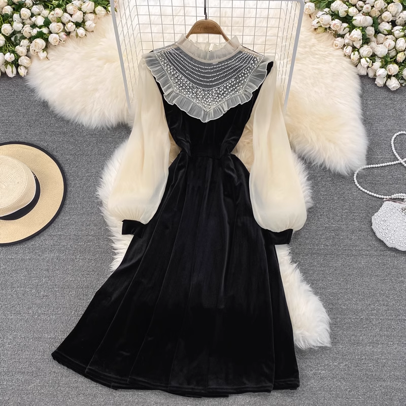 Elegant Beaded Ruffled Mesh Velvet Midi Dress - Perfect for Evening Parties, Weddings & Special Occasions | Style 1428
