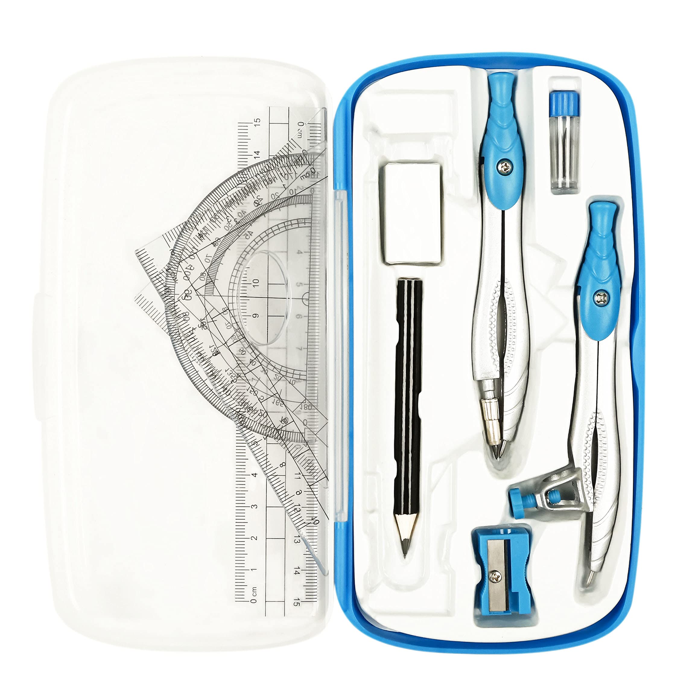 Lifreer 10-Piece Geometry Set with Protractor & Compass - Math Tools for Students & School Supplies - Perfect for Classroom & Homework (Blue)
