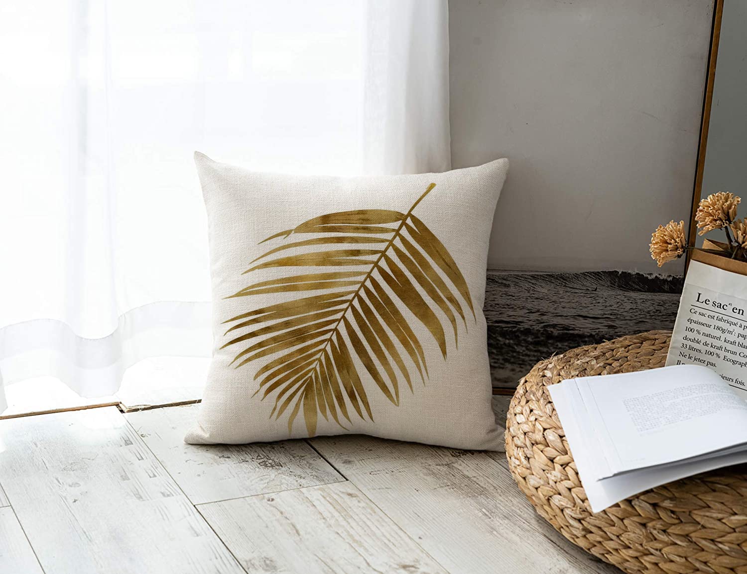 Waterproof Outdoor Throw Pillow Covers 18x18 Inch Set of 4 - Tropical Gold Palm Leaf Design, Cotton Linen Cushion Cases for Patio, Garden, and Living Room Decor
