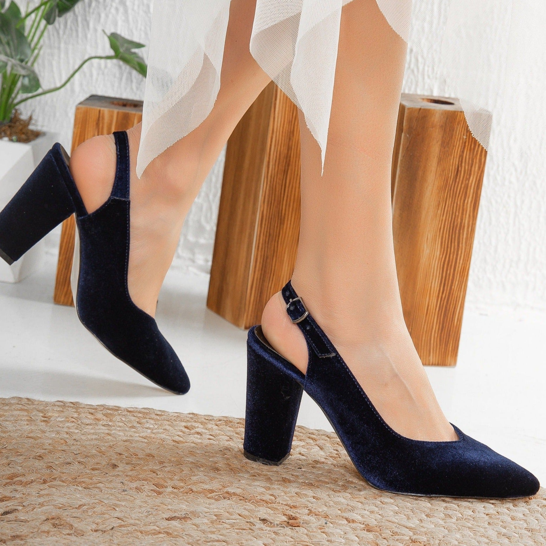 Emma Blue Velvet Slingback Heels - Women's Comfortable Dress Shoes for Party, Wedding & Evening Occasions