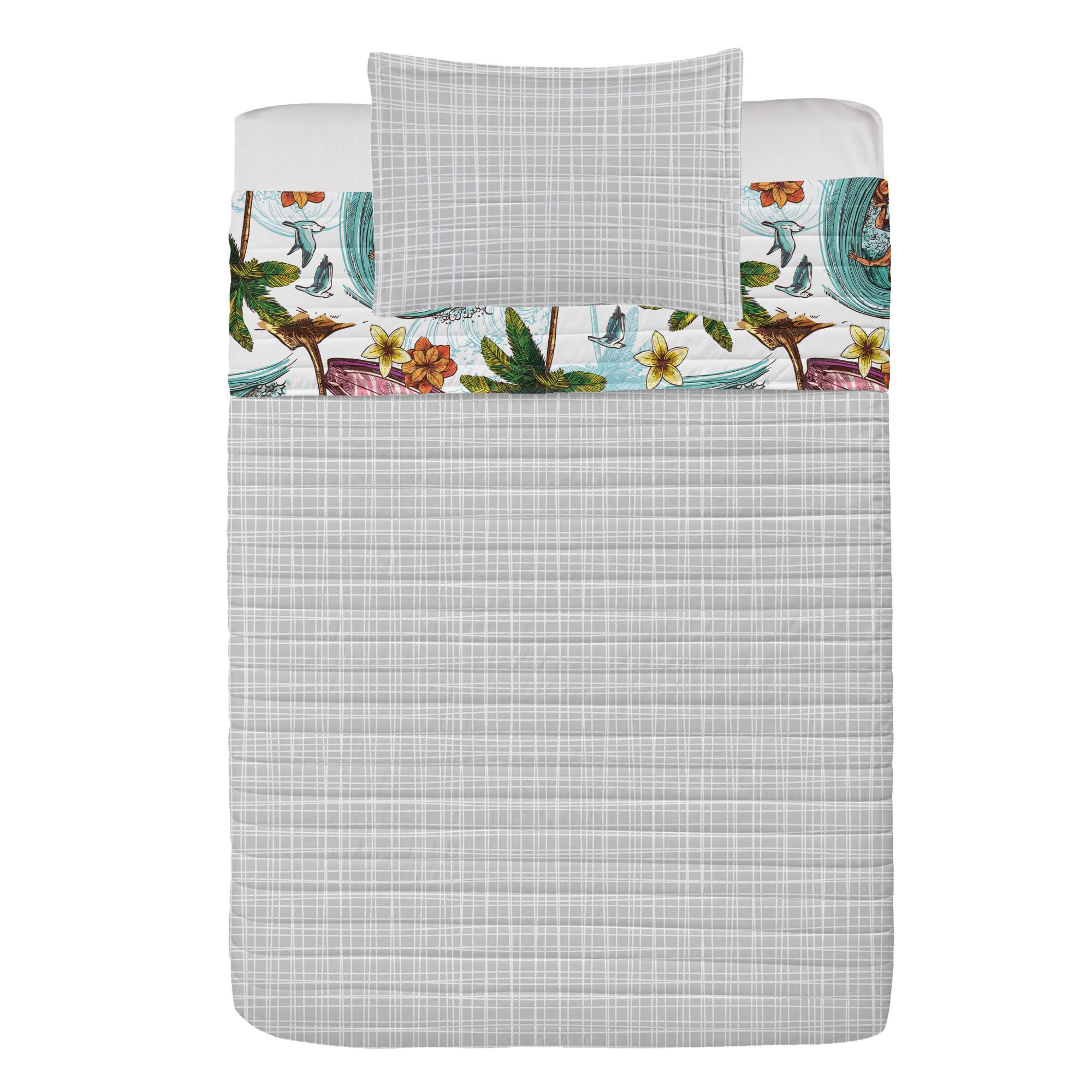 Ambesonne Ocean Reversible Bedspread Set - Hawaiian Surfer Design with Wavy Deep Sea, Retro Palm Trees, Flowers & Surf Boards - Microfiber Comforter & Pillow Shams - Twin Size in Blue Green Orange - Perfect for Beach Themed Bedrooms, Guest Rooms & Coastal Decor