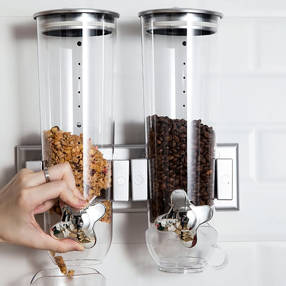 Wall Mounted Dry Food Dispenser - 1.5L Grain Storage Container for Cereal, Nuts, Coffee Beans, Oatmeal, Rice & Pasta | Kitchen Organization & Pantry Storage Solution (Silver)