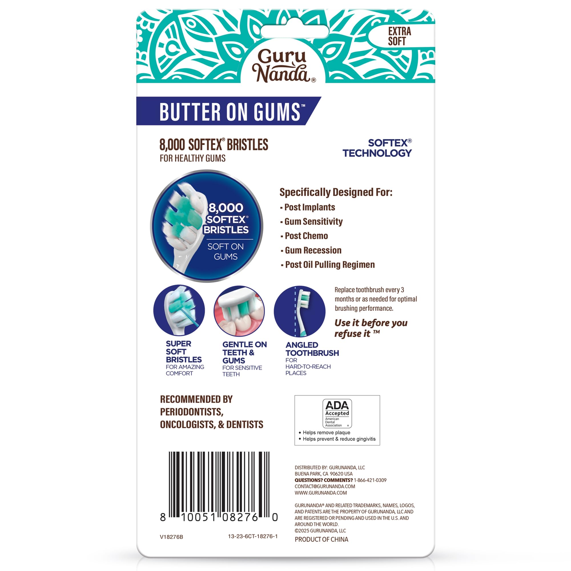 GuruNanda Ultra Soft Toothbrush for Sensitive & Receding Gums - 8000+ Softex Bristles for Gentle Cleaning & Whiter Teeth - 6 Pack - Ideal for Daily Oral Care & Gum Health Maintenance