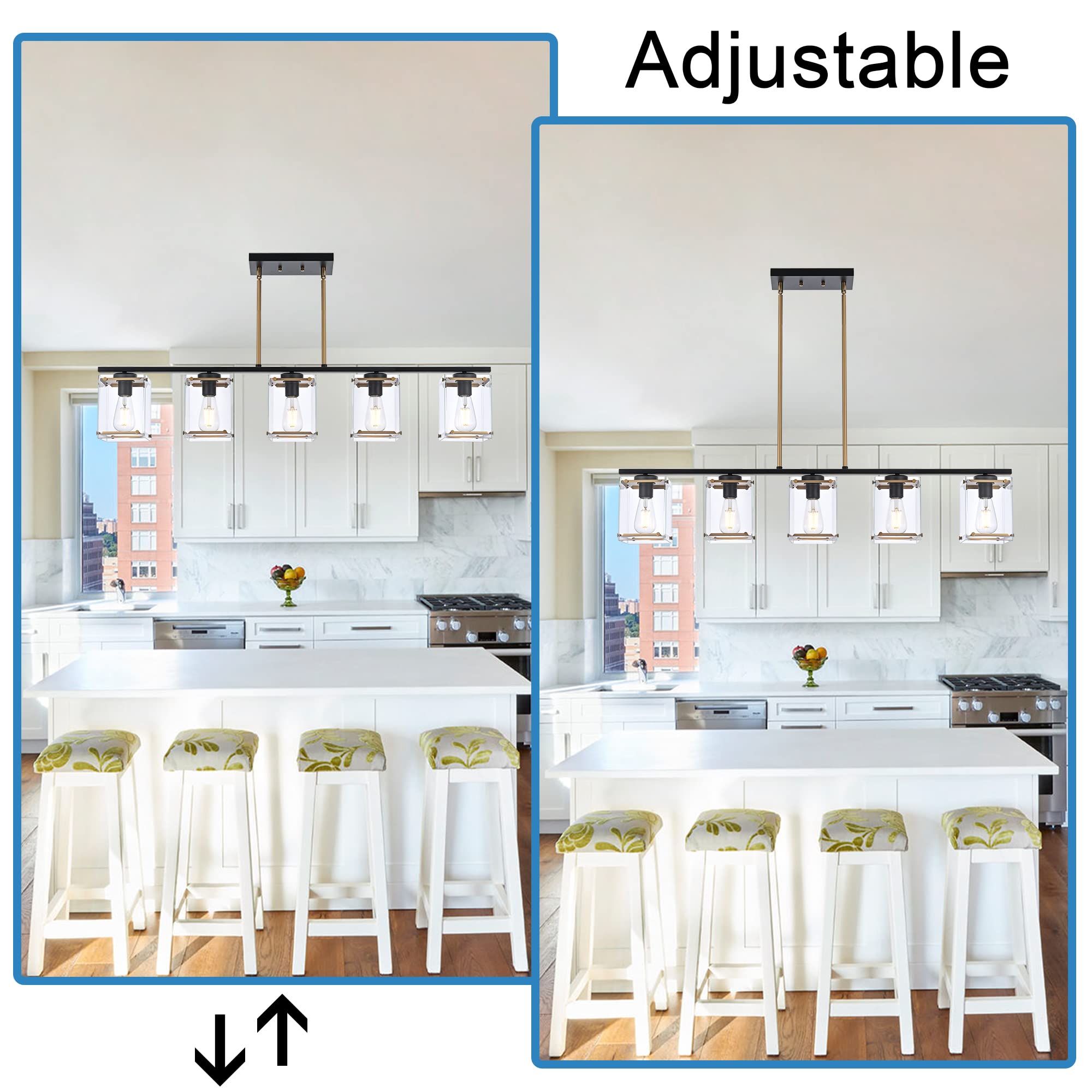 MELUCEE 5-Light Modern Linear Chandelier - Black and Brass Rectangular Pendant Light with Clear Glass Shades for Kitchen Island, Dining Room, Living Room | Perfect for Contemporary Home Decor and Open Concept Spaces