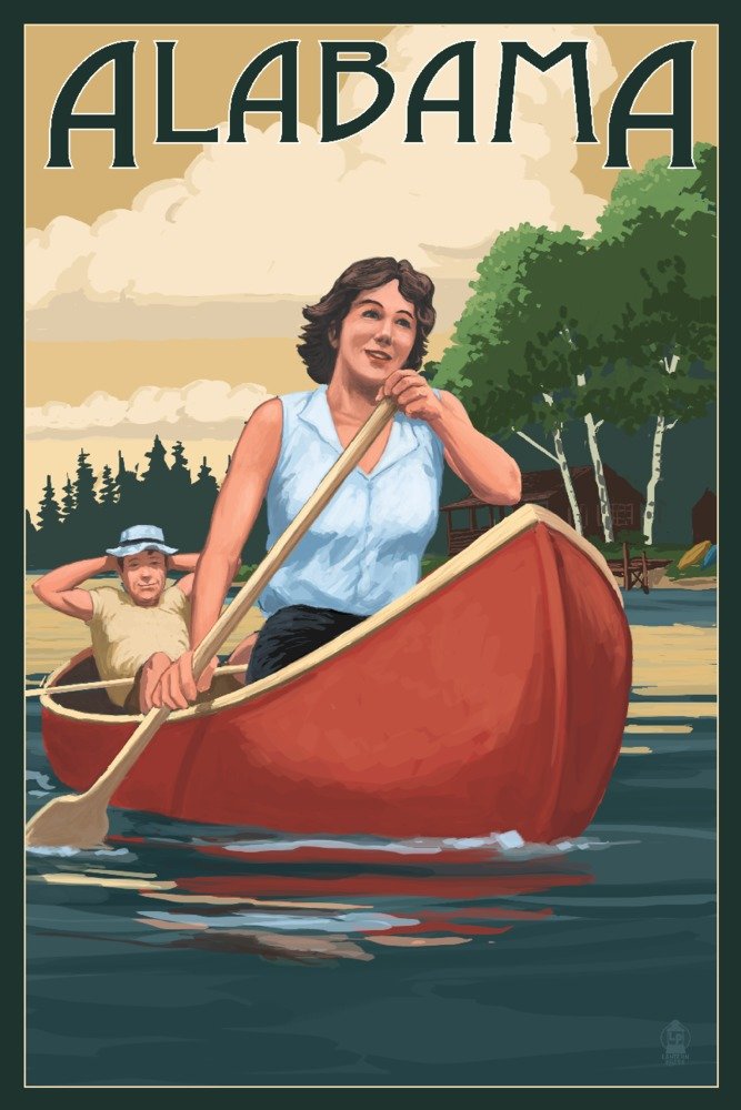 Alabama Canoeing Lake Scenery - 36x54 Giclee Art Print, Vintage Travel Poster for Wall Decor | Perfect for Living Room, Office & Cabin Decor