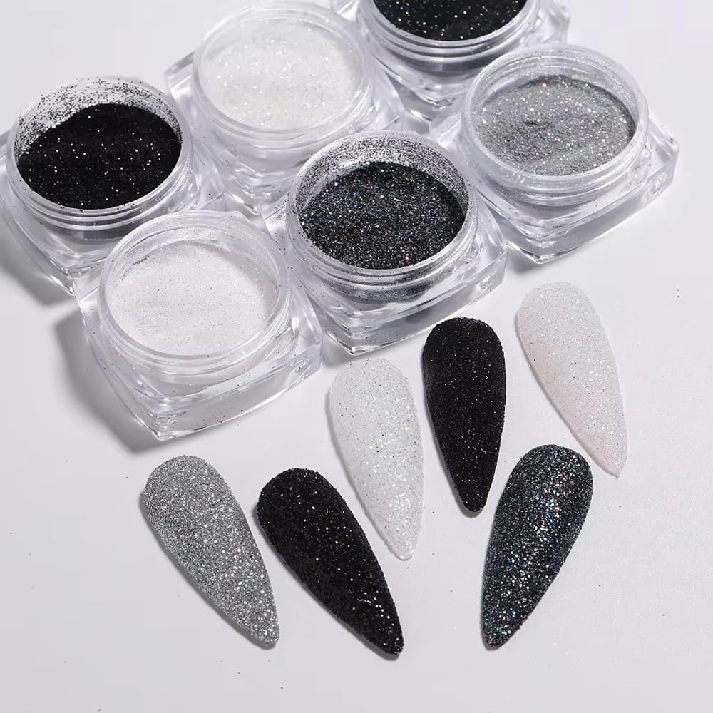 6 Jars Iridescent Nail Glitter Powder - White Glitter Flakes & AB Sequins for Nail Art | Ultra Shine Sparkle Pigment | DIY Manicure, Pedicure, Gel Polish & Acrylic Nails | Perfect for Parties, Weddings & Special Occasions