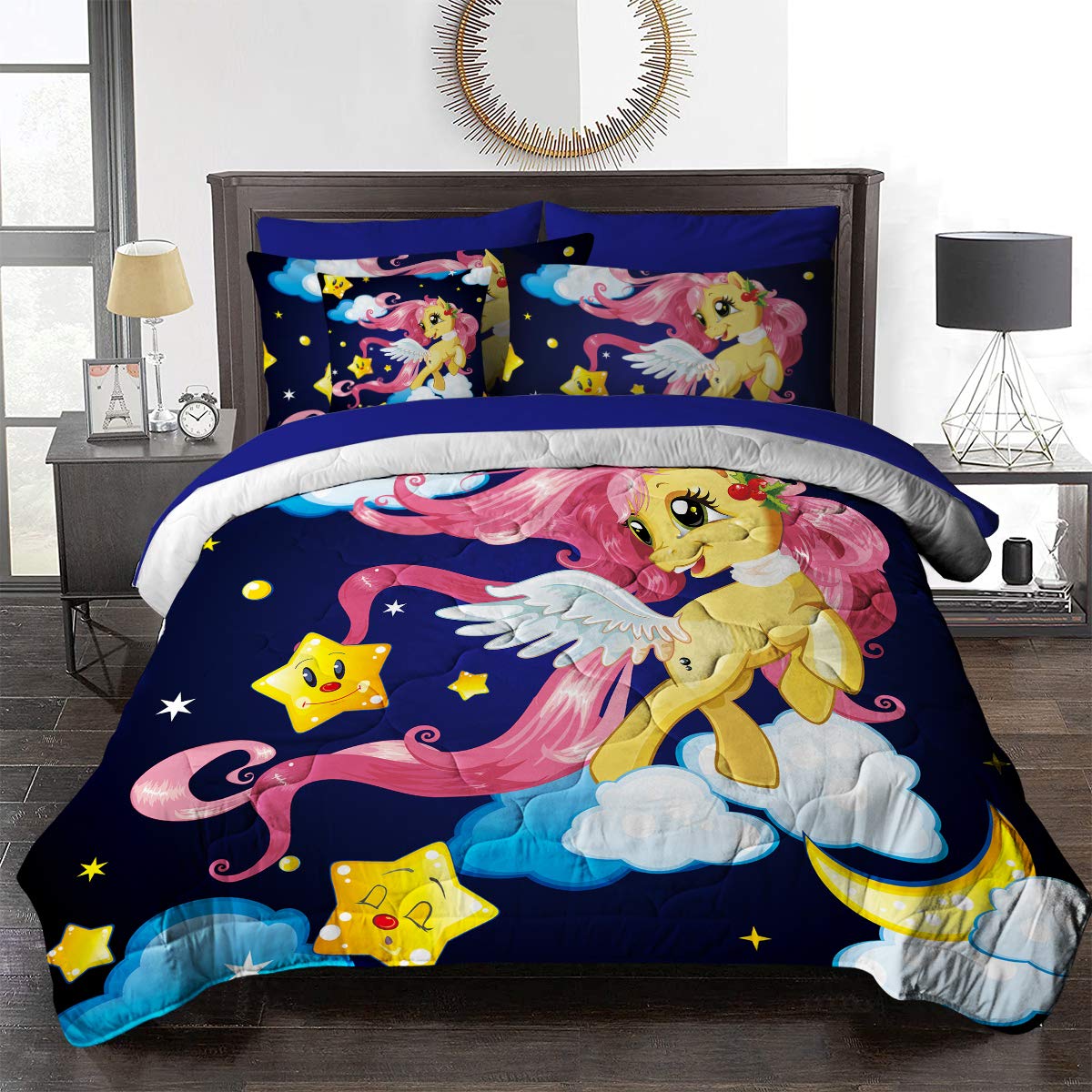 BlessLiving Unicorn King Size 8-Piece Reversible Kids Bedding Set - Comforter, Pillowcases, Sheets & Cushion Cover - Navy Blue Fantasy Bedroom Decor for Girls - Perfect for Birthday Gifts & Themed Bedrooms