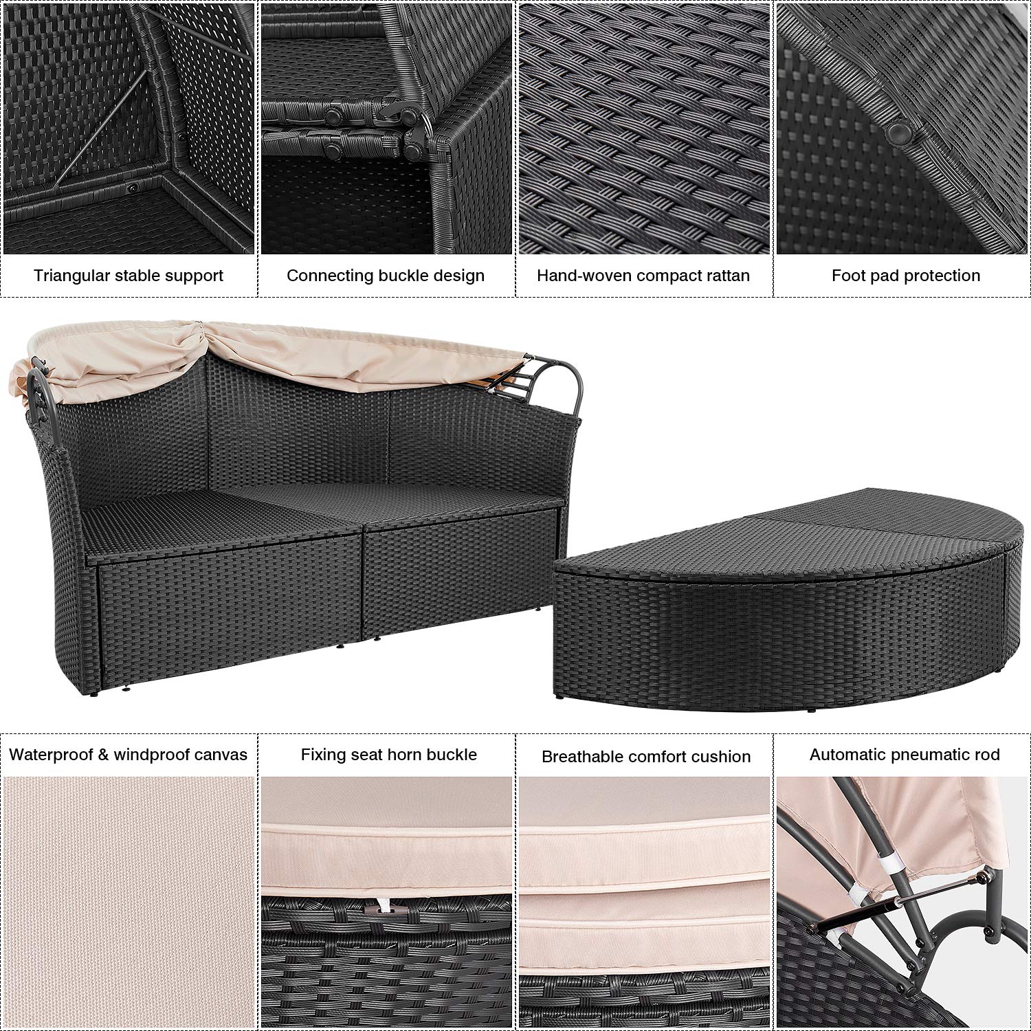Devoko Outdoor Round Daybed with Retractable Canopy - Wicker Rattan Sectional Sofa for Patio, Garden, Backyard - Perfect for Lounging, Sunbathing & Outdoor Relaxation