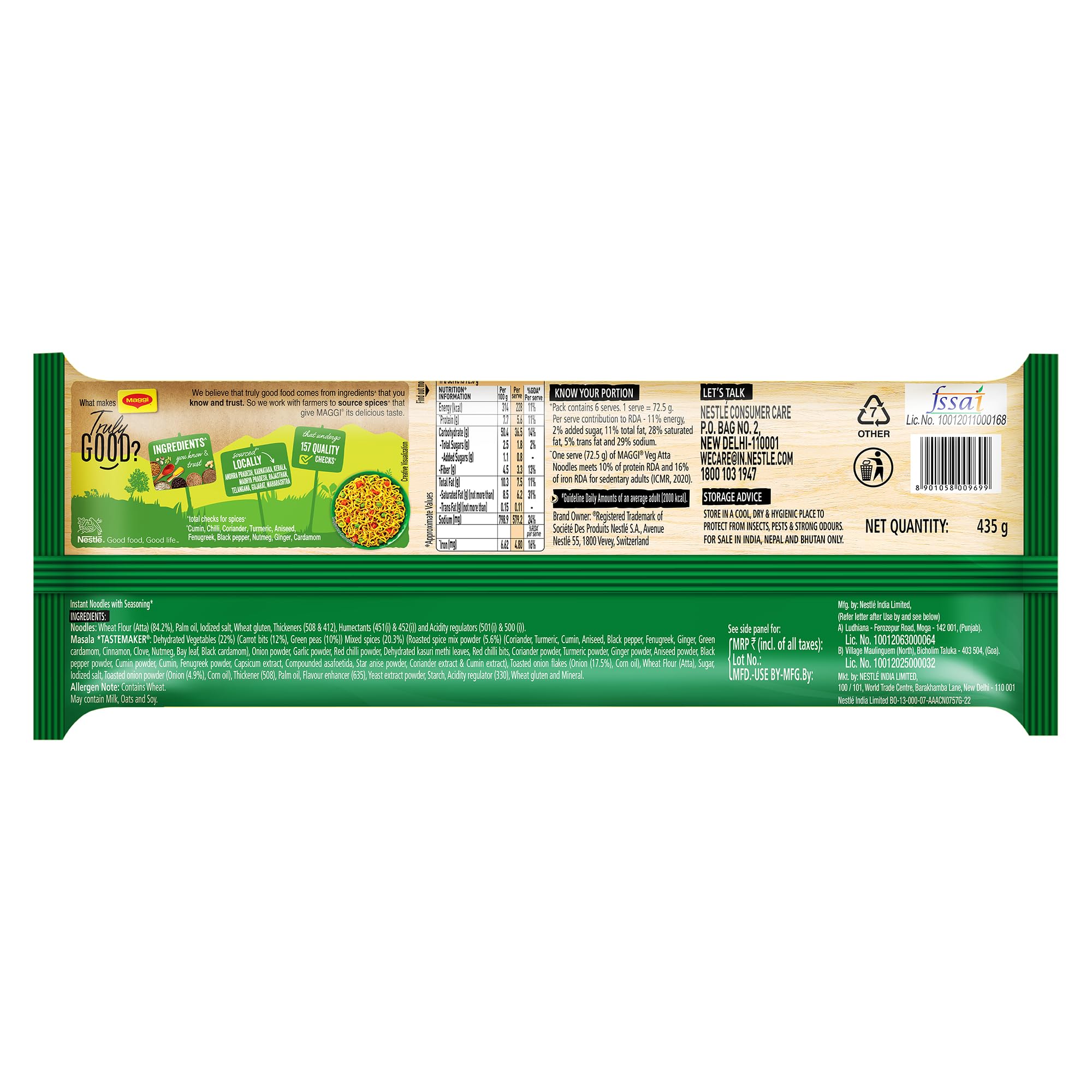 MAGGI Nutri-Licious Veg Atta Masala Noodles - 20 Spices & Herbs Instant Noodles | High in Fiber & Iron | 435g Pack | Quick Meal for Busy Days & College Students