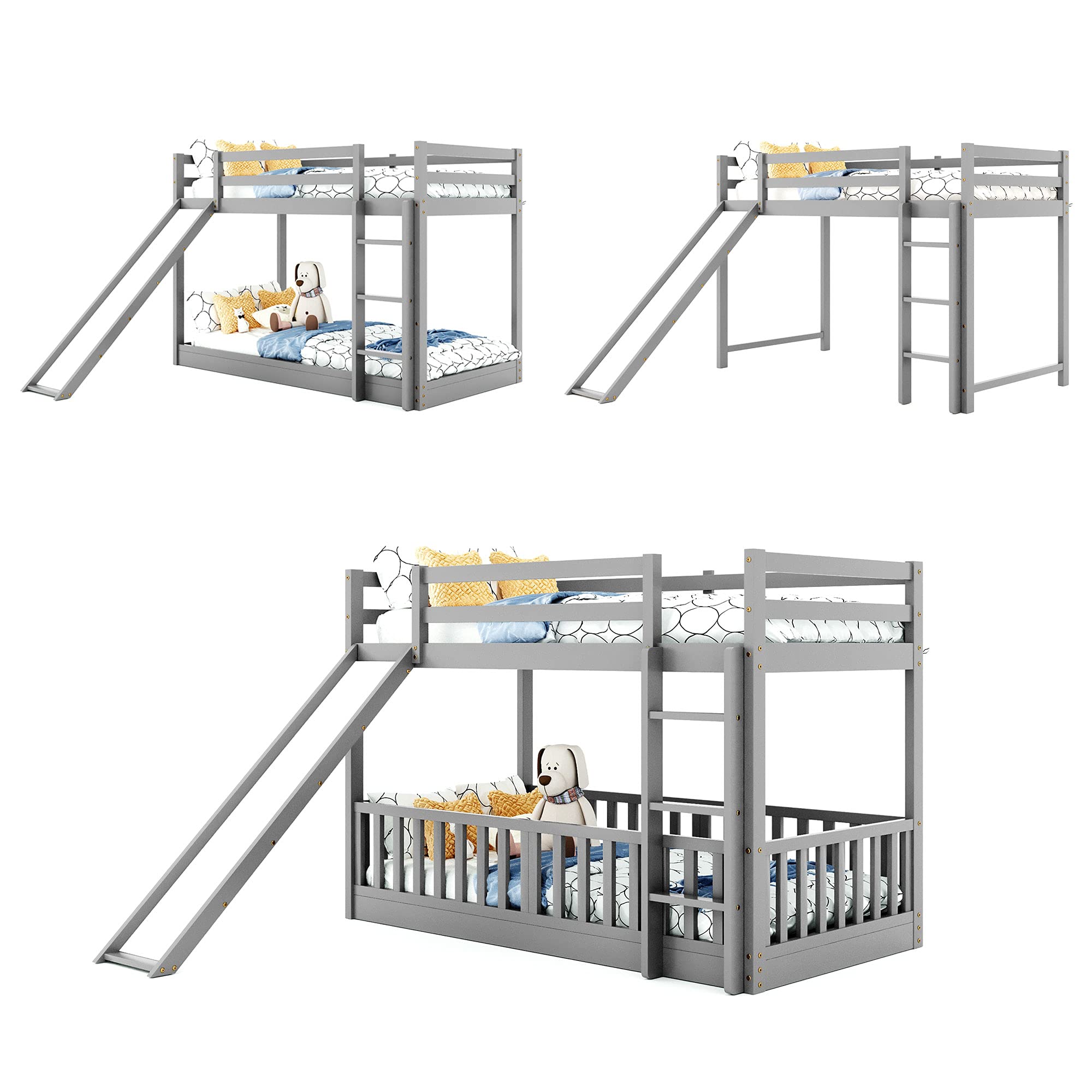 Harper & Bright Designs Twin Over Twin Low Bunk Bed with Slide - Wooden Kids Bunk Bed with Ladder & Safety Guardrail - Space Saving Bed Frame for Boys & Girls (Gray) - Perfect for Small Bedrooms, Kids' Rooms & Shared Spaces