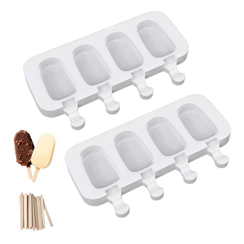 Ouddy Life Silicone Popsicle Molds Set of 2 - 4 Cavity Ice Pop Maker with 50 Wooden Sticks for Homemade Ice Cream, Cake Pops & DIY Frozen Treats - Perfect for Summer Parties, Kids Snacks & Healthy Desserts