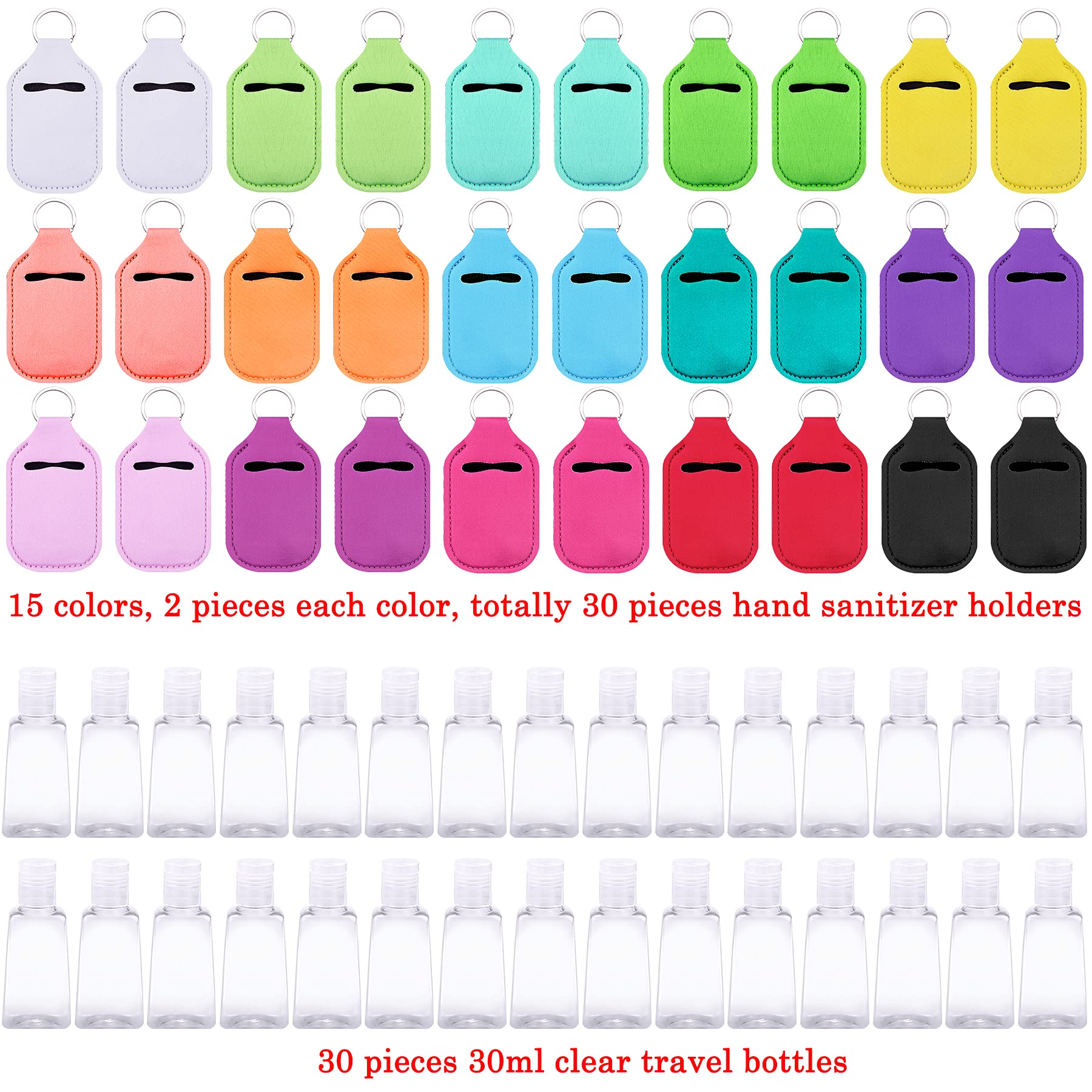 Duufin 60 Pack Hand Sanitizer Keychain Holders & Empty Travel Bottles Set - 30 Reusable Clear Bottles + 30 Sanitizer Holders for Backpack, Purse - Perfect for Travel, Gym, Office & Daily Hygiene