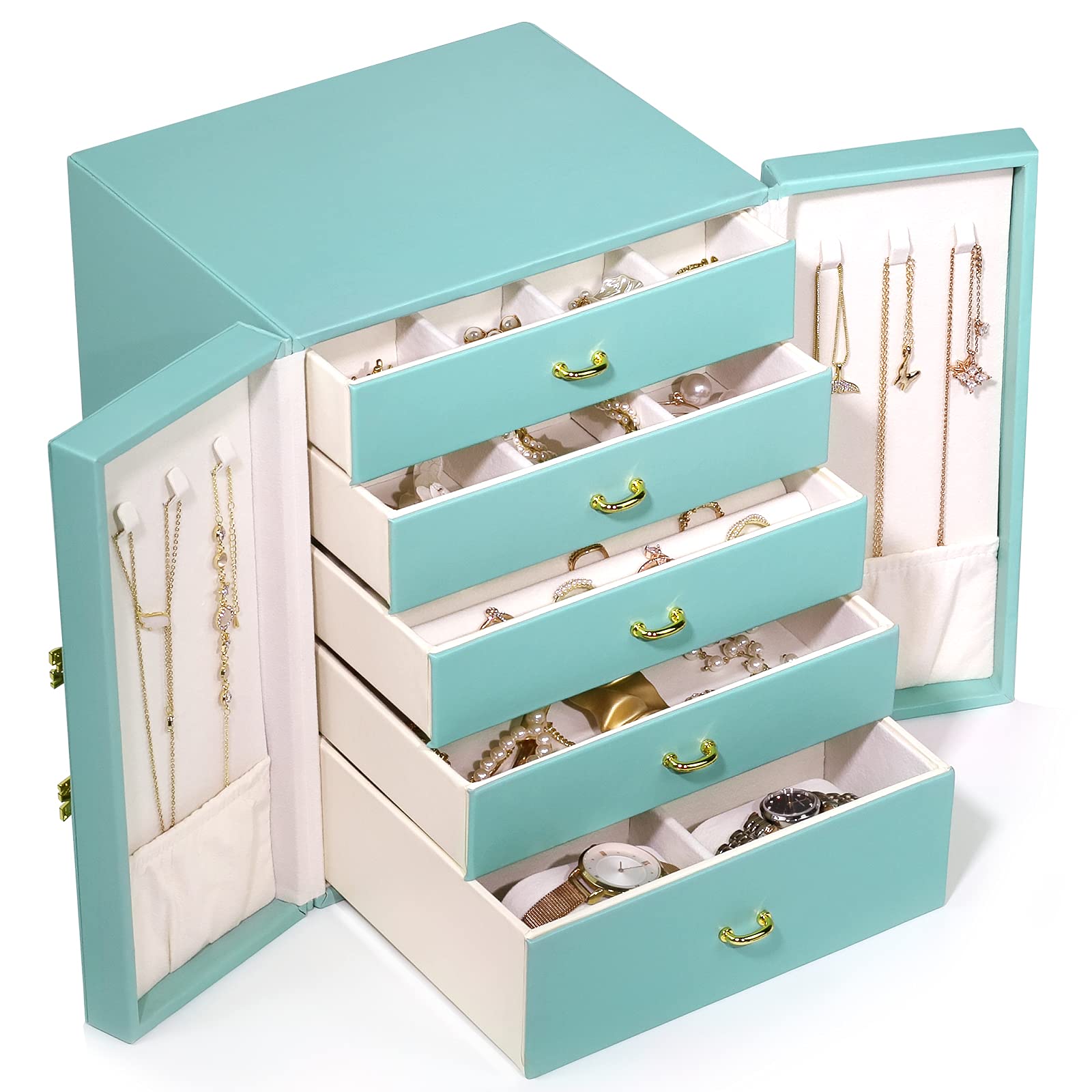 Large Jewelry Organizer Box with 5 Drawers - Leather Storage Case for Necklaces, Earrings, Rings, Watches & Bracelets - Perfect Gift for Women & Girls (Blue) | Bedroom Vanity, Closet & Travel Jewelry Storage Solution