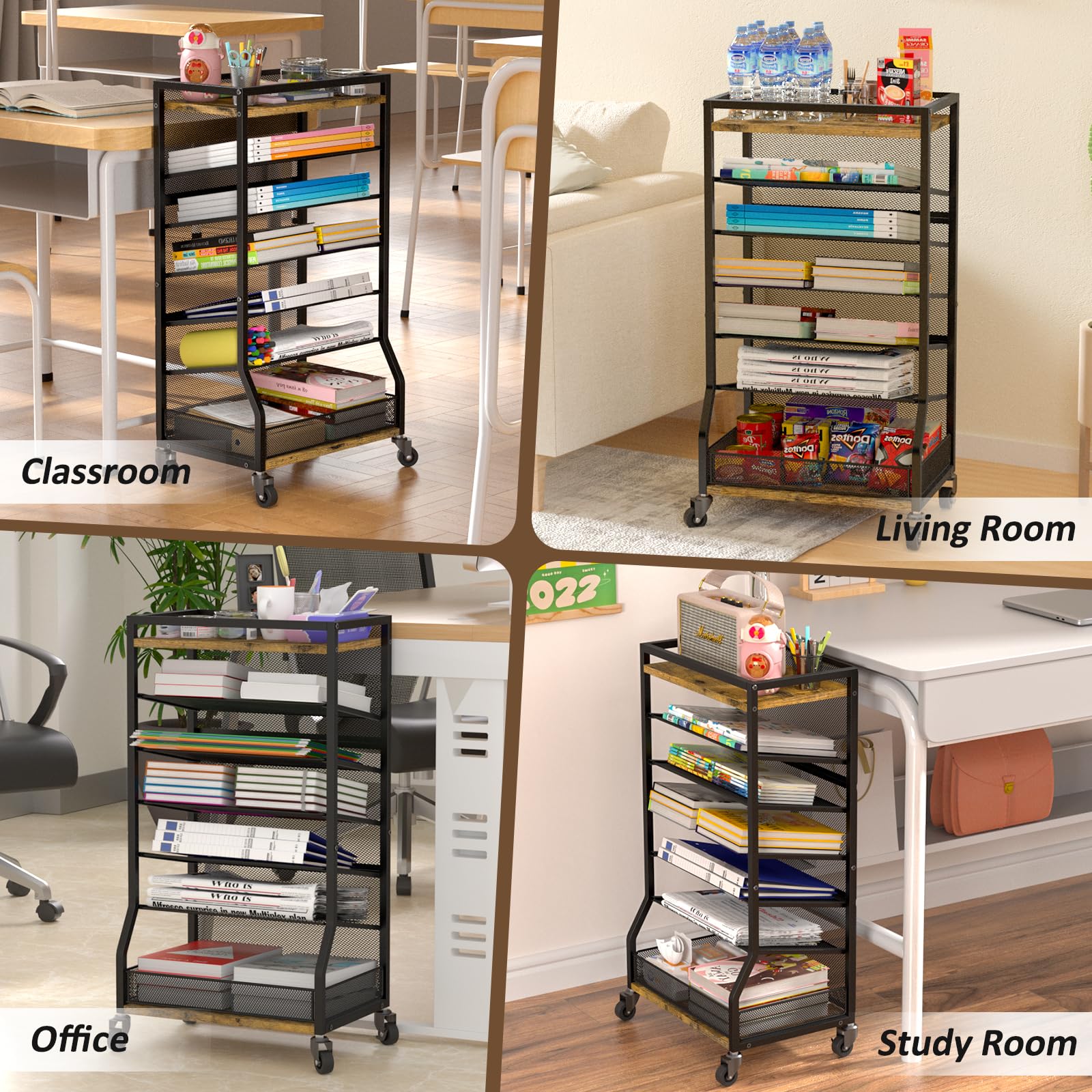 7-Tier Rolling File Cart with Sliding Trays - Wood & Metal File Organizer for Desk - Free-Standing File Holder & Paper Letter Tray Organizer - Mesh Desk Organizer for Home, Office & School (Patent) - Perfect for Document Storage, Office Organization & Classroom Supplies