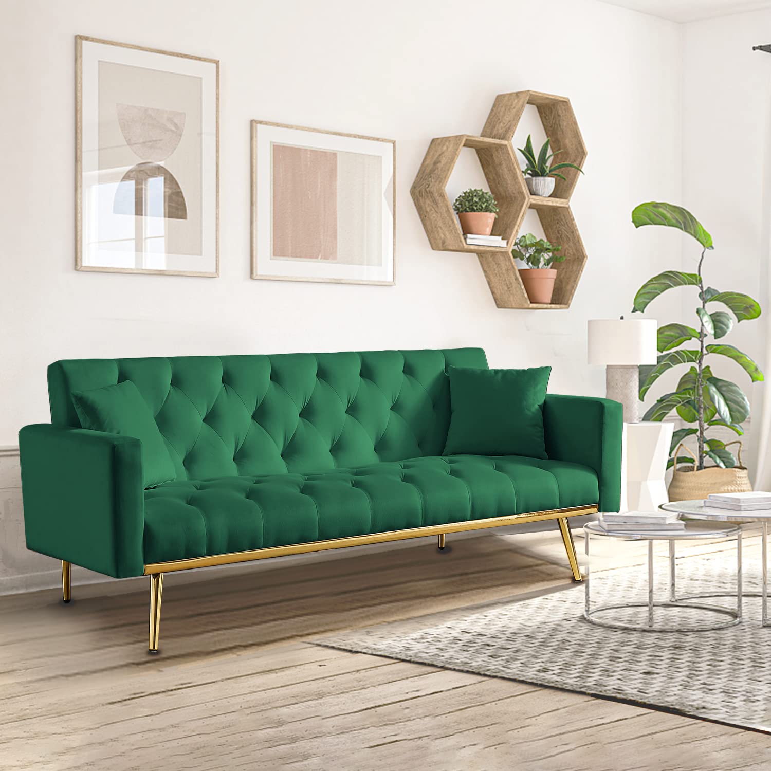 GEEVIVO Modern Convertible Sleeper Sofa Bed - Tufted Futon Couch with 3-Way Adjustable Backrest & Rose Gold Metal Legs | Space-Saving Loveseat for Small Apartments, Living Room, Bedroom & Guest Room