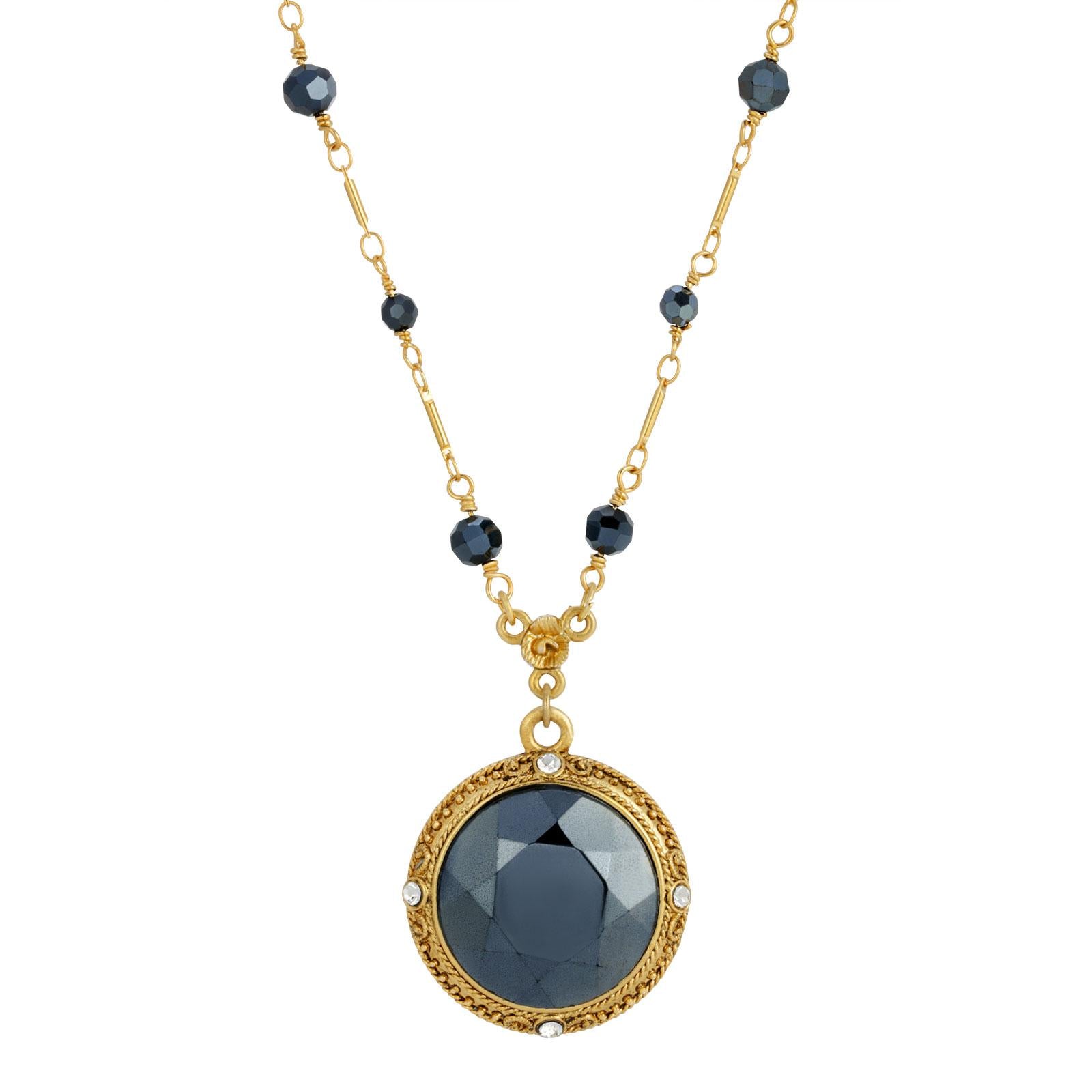 1928 Jewelry Round Faceted Hematite Glass Stone Pendant Necklace - 16