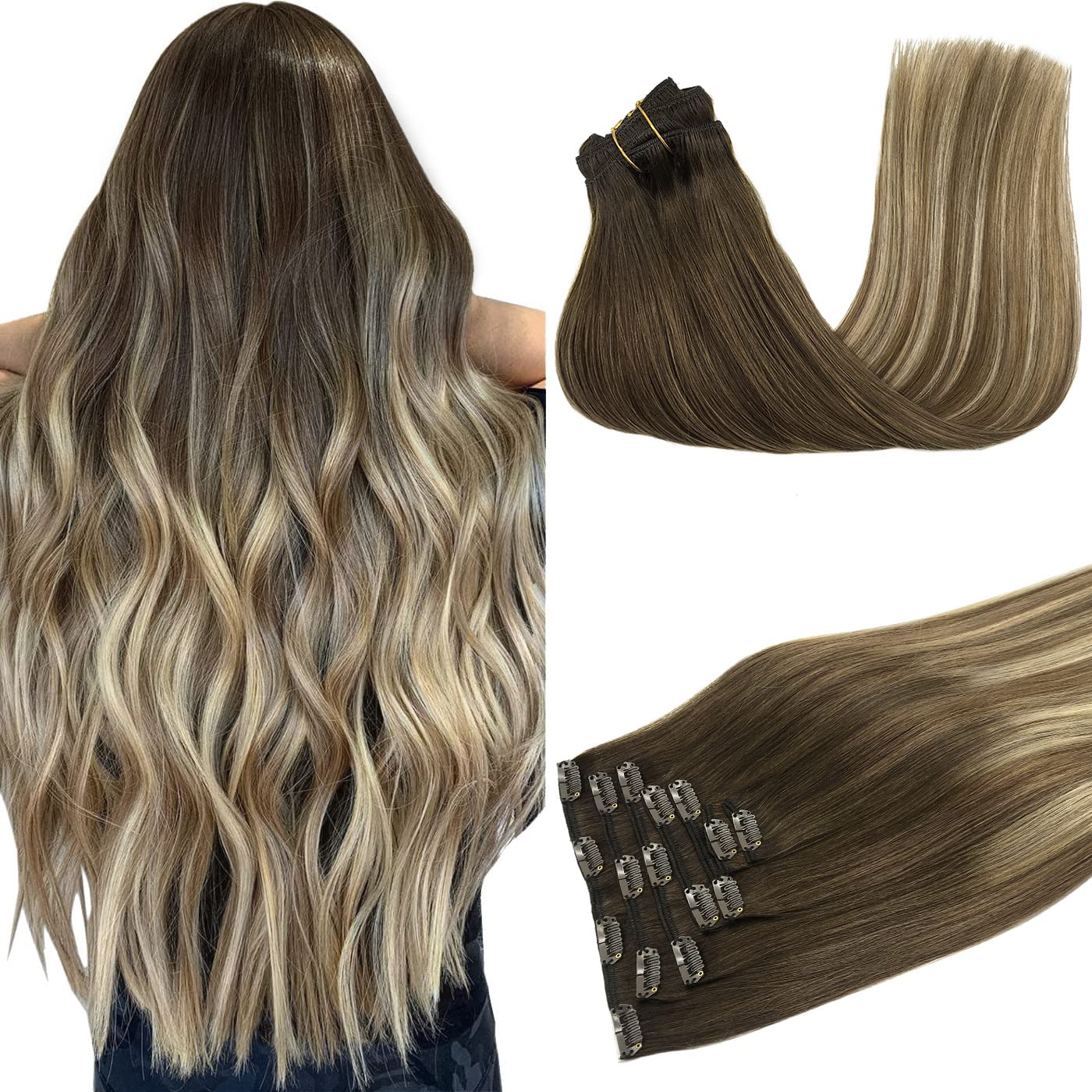 GOO GOO 7pcs 120g 18 Inch Clip in Human Hair Extensions - Remy Walnut Brown to Ash Brown & Bleach Blonde - Natural Real Hair for Volume & Length - Perfect for Parties, Weddings & Daily Styling