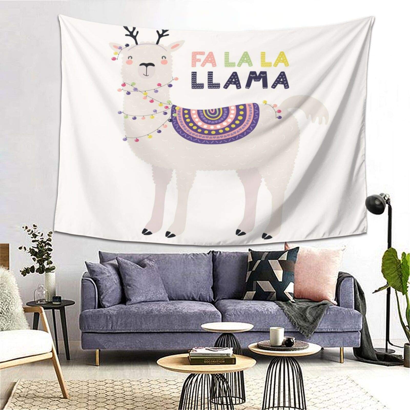 Wozukia Funny Llama Wall Tapestry with Deer Antlers & LED Lights - Scandinavian Style Holiday Decor Fa La La Llama Polyester Wall Hanging 60x80 Inch for Living Room, Bedroom, Dorm - Perfect for Christmas Decorations, Cozy Home Ambience & Festive Party Backdrop